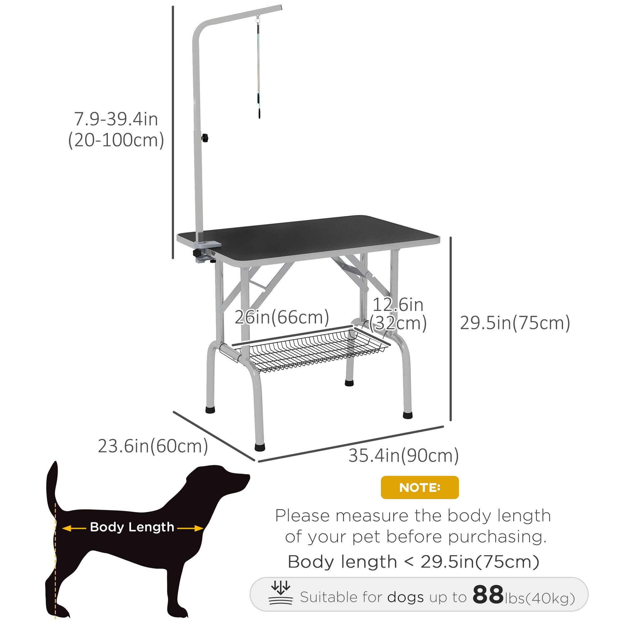 PawHut 36" Dog Grooming Table with Adjustable Grooming Arm, Pet Grooming Table for Dogs with Storage Shelf, Foldable Design, Black and Silver