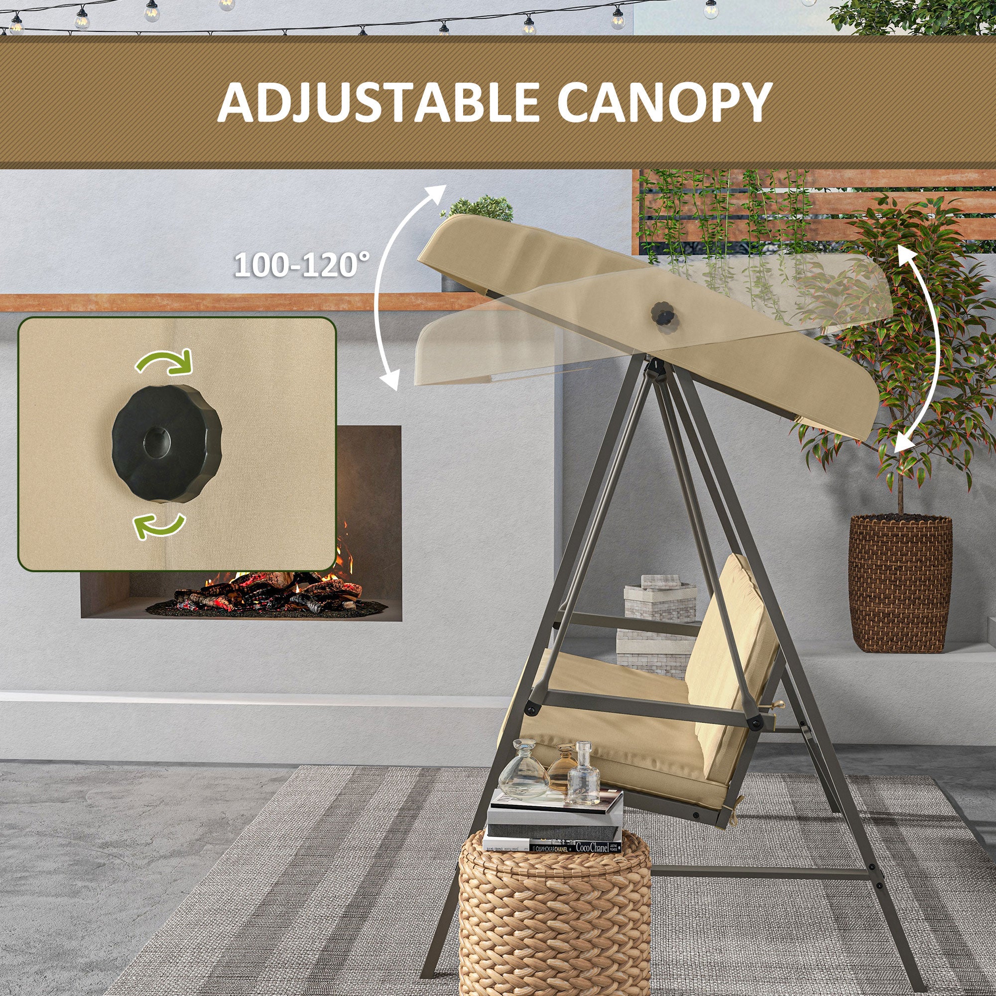 Outsunny 3 Seater Patio Swing Chair, Porch Swing with Adjustable Canopy, Removable Cushions and Steel Frame, Outdoor Swing Seat for Garden, Backyard, Lawn, Beige