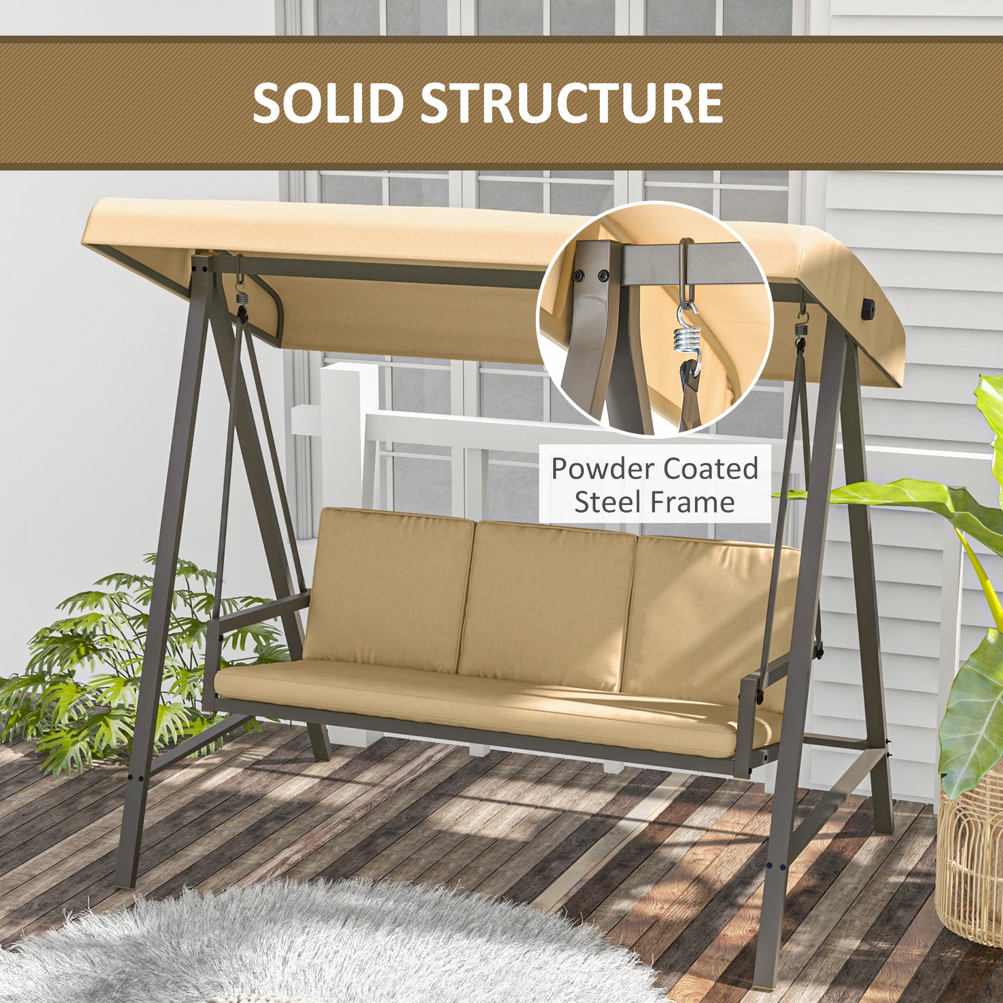 Outsunny 3 Seater Patio Swing Chair, Porch Swing with Adjustable Canopy, Removable Cushions and Steel Frame, Outdoor Swing Seat for Garden, Backyard, Lawn, Beige