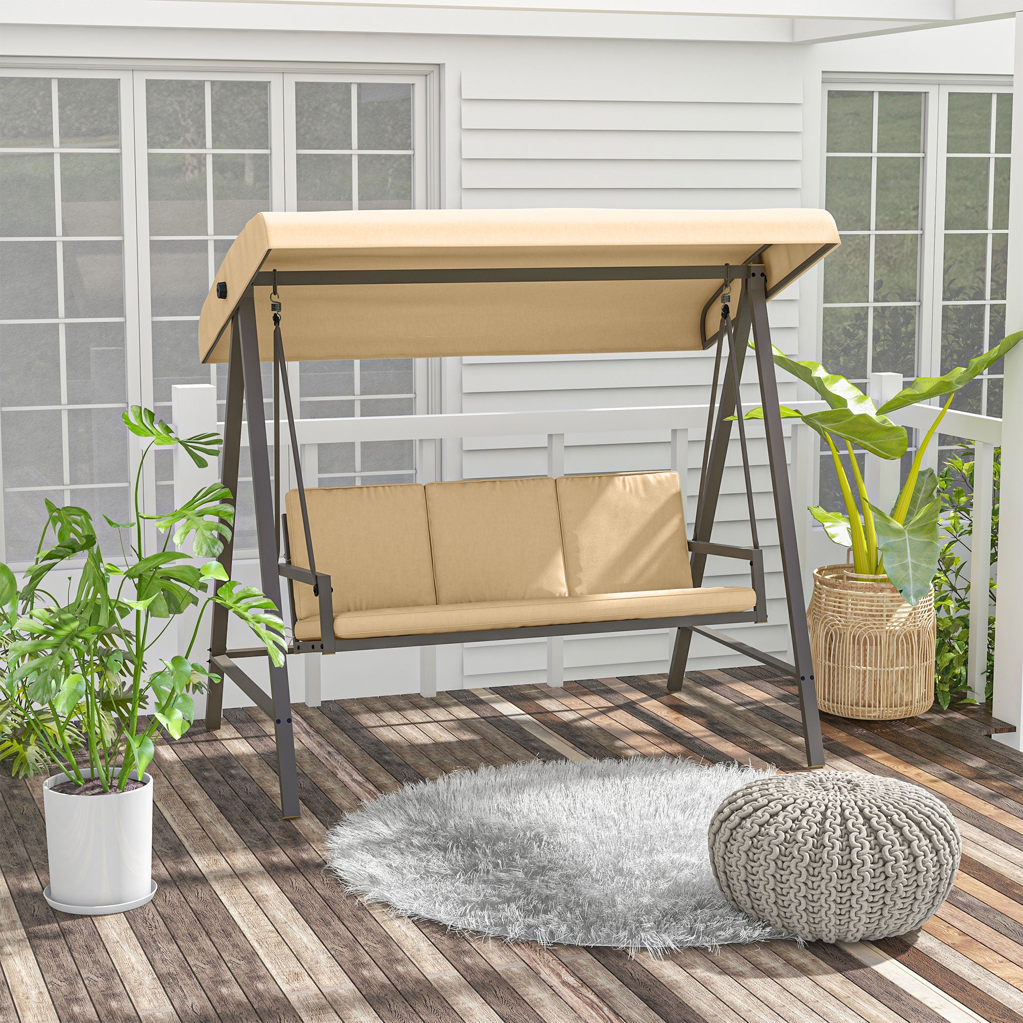 Outsunny 3 Seater Patio Swing Chair, Porch Swing with Adjustable Canopy, Removable Cushions and Steel Frame, Outdoor Swing Seat for Garden, Backyard, Lawn, Beige