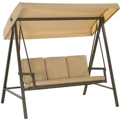 Outsunny 3 Seater Patio Swing Chair, Porch Swing with Adjustable Canopy, Removable Cushions and Steel Frame, Outdoor Swing Seat for Garden, Backyard, Lawn, Beige