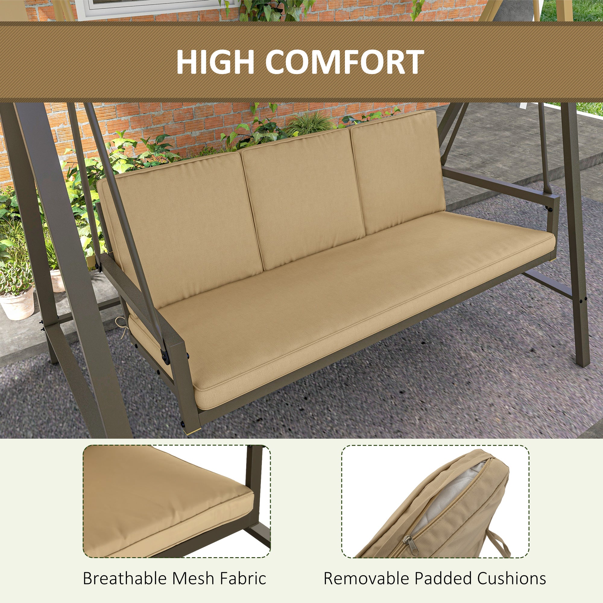 Outsunny 3 Seater Patio Swing Chair, Porch Swing with Adjustable Canopy, Removable Cushions and Steel Frame, Outdoor Swing Seat for Garden, Backyard, Lawn, Beige