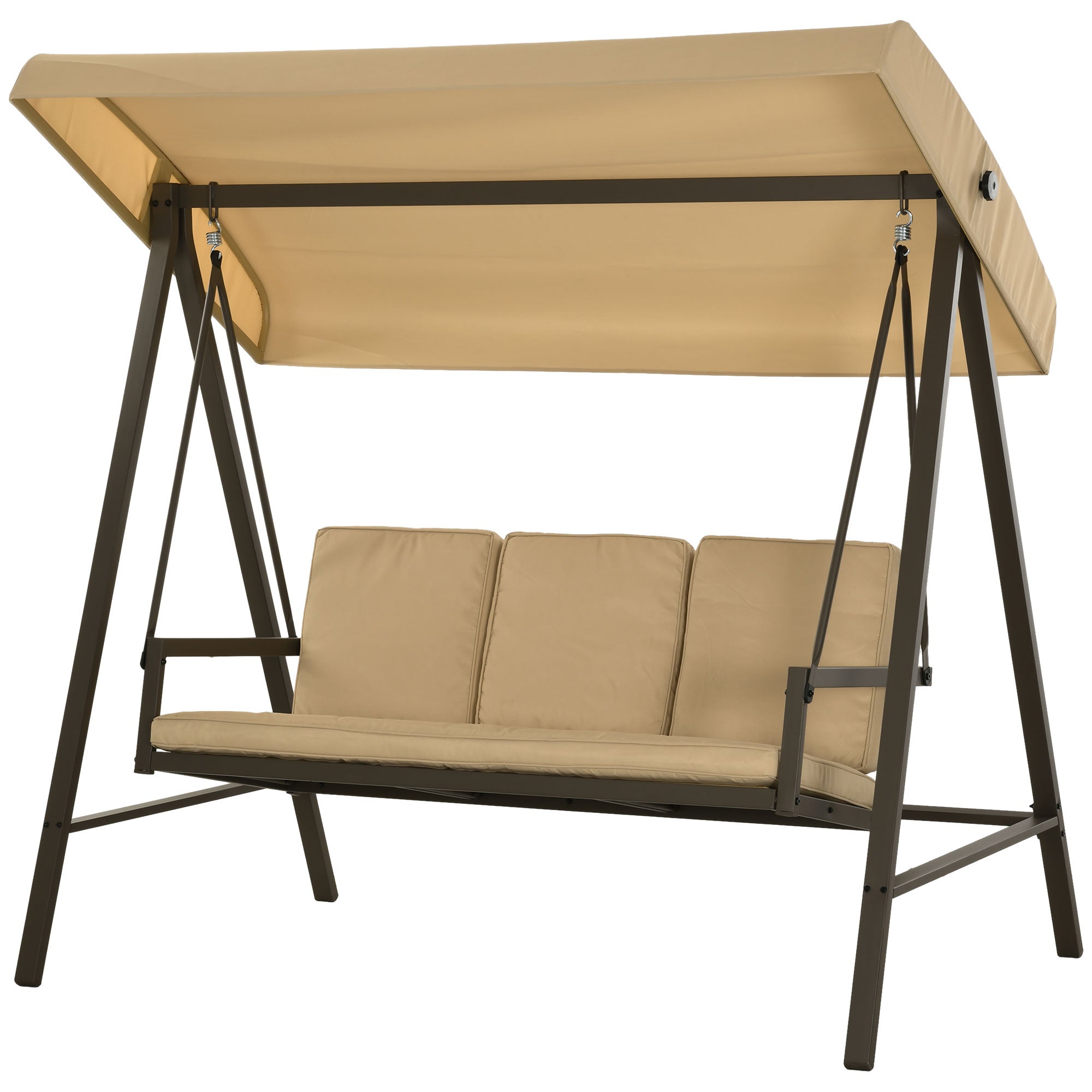 Outsunny 3 Seater Patio Swing Chair, Porch Swing with Adjustable Canopy, Removable Cushions and Steel Frame, Outdoor Swing Seat for Garden, Backyard, Lawn, Beige
