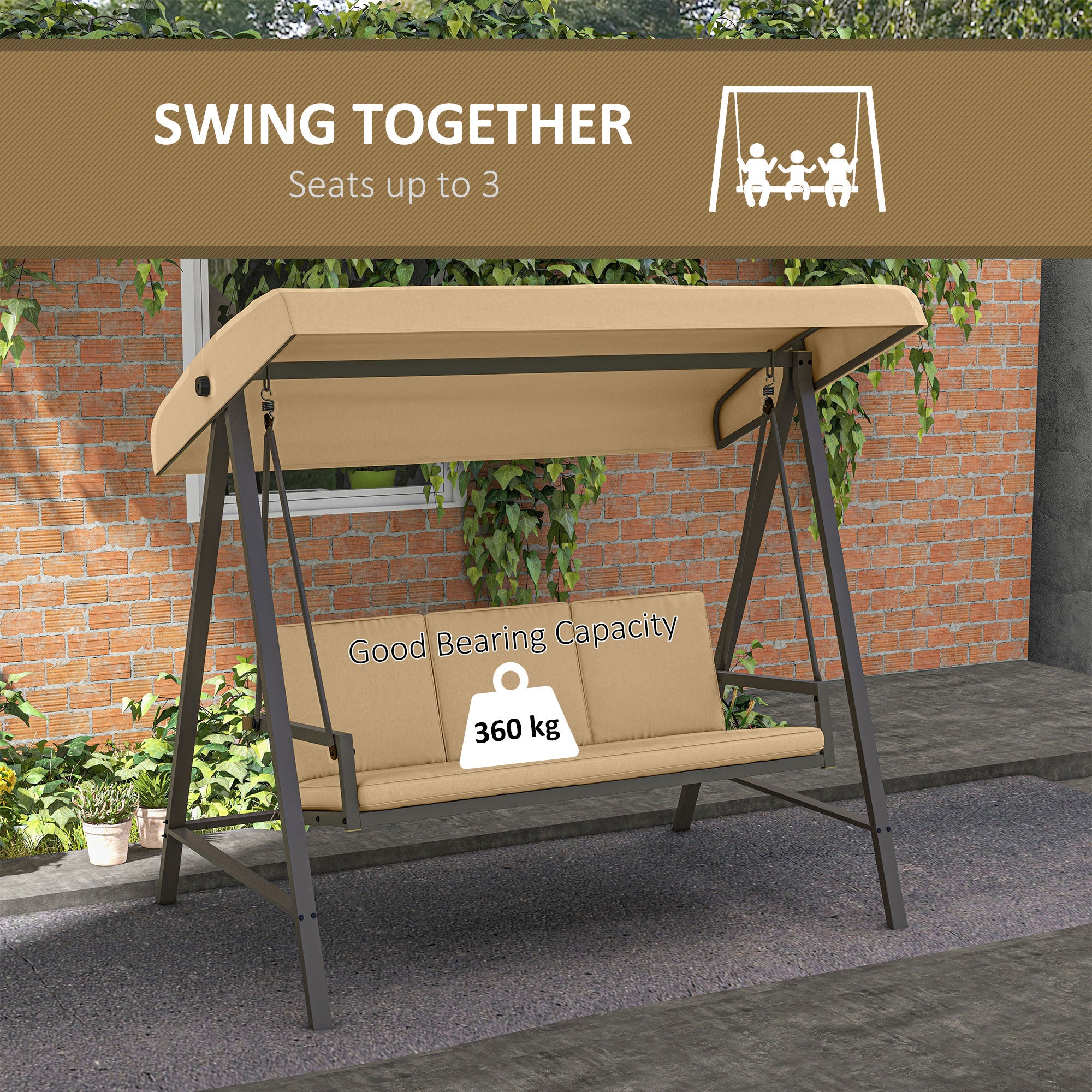 Outsunny 3 Seater Patio Swing Chair, Porch Swing with Adjustable Canopy, Removable Cushions and Steel Frame, Outdoor Swing Seat for Garden, Backyard, Lawn, Beige