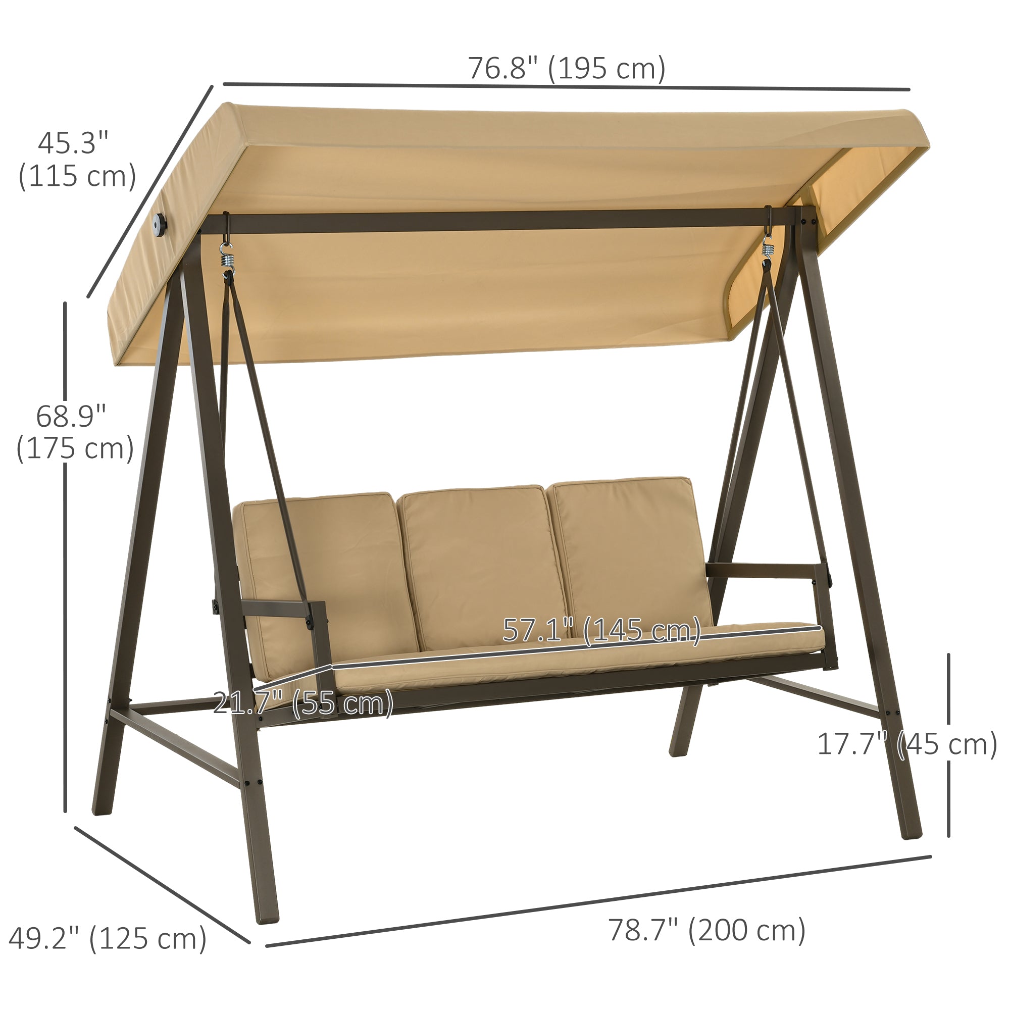 Outsunny 3 Seater Patio Swing Chair, Porch Swing with Adjustable Canopy, Removable Cushions and Steel Frame, Outdoor Swing Seat for Garden, Backyard, Lawn, Beige