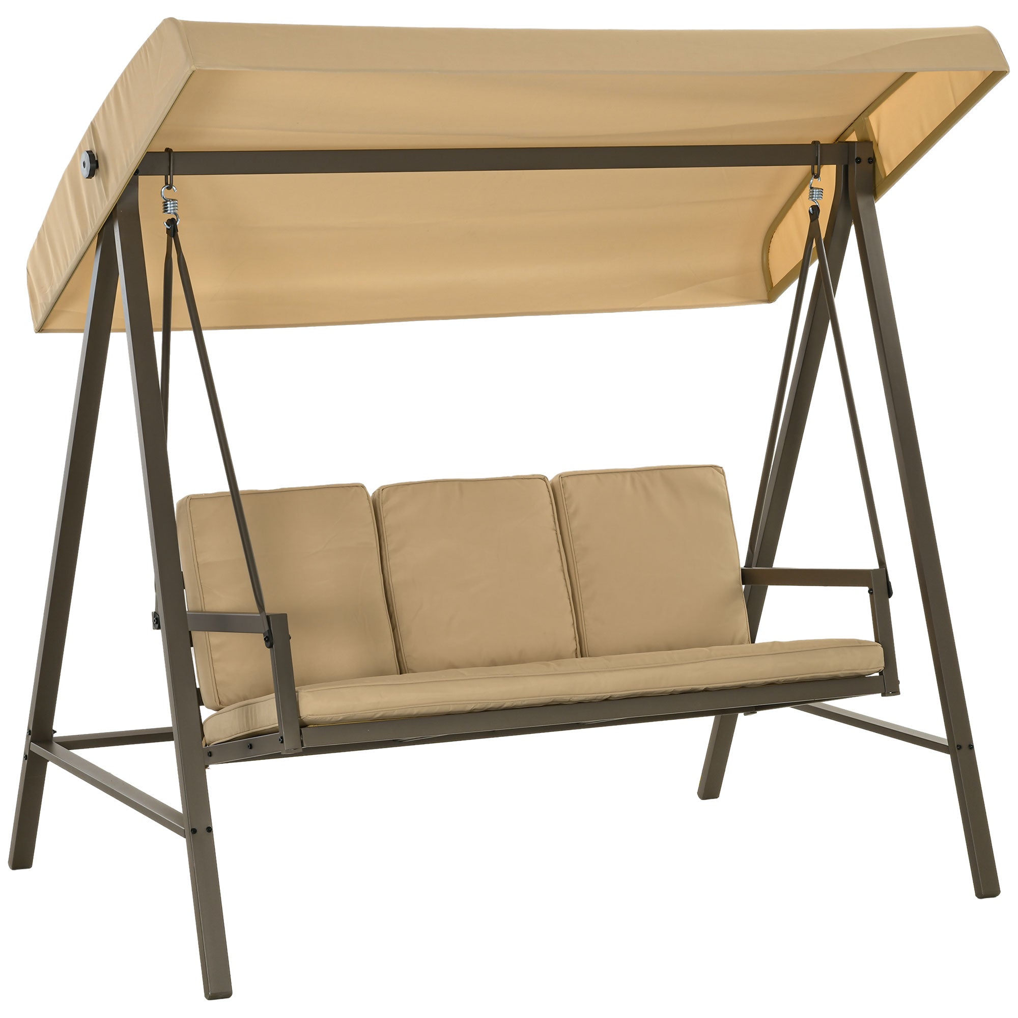 Outsunny 3 Seater Patio Swing Chair, Porch Swing with Adjustable Canopy, Removable Cushions and Steel Frame, Outdoor Swing Seat for Garden, Backyard, Lawn, Beige