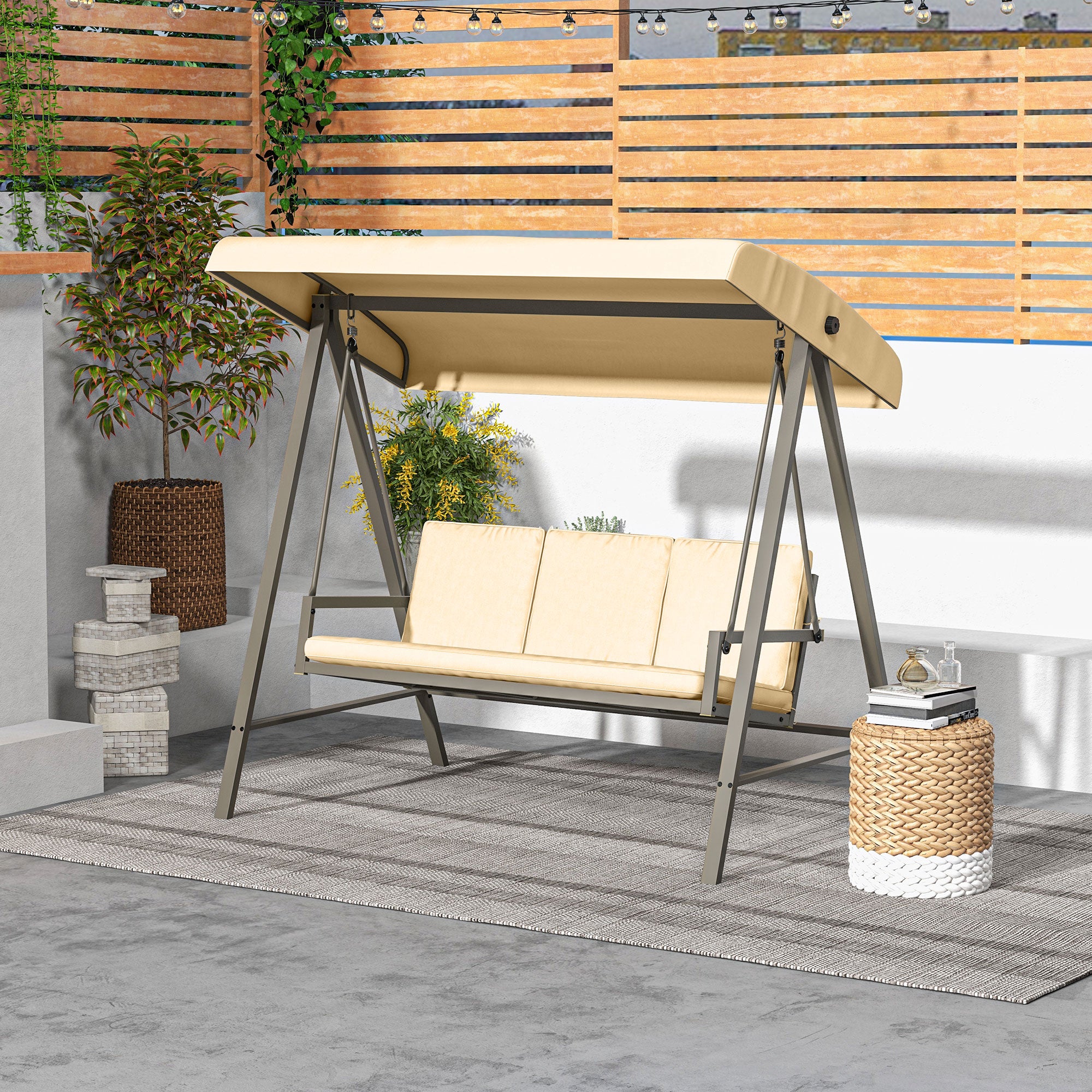 Outsunny 3 Seater Patio Swing Chair, Porch Swing with Adjustable Canopy, Removable Cushions and Steel Frame, Outdoor Swing Seat for Garden, Backyard, Lawn, Beige