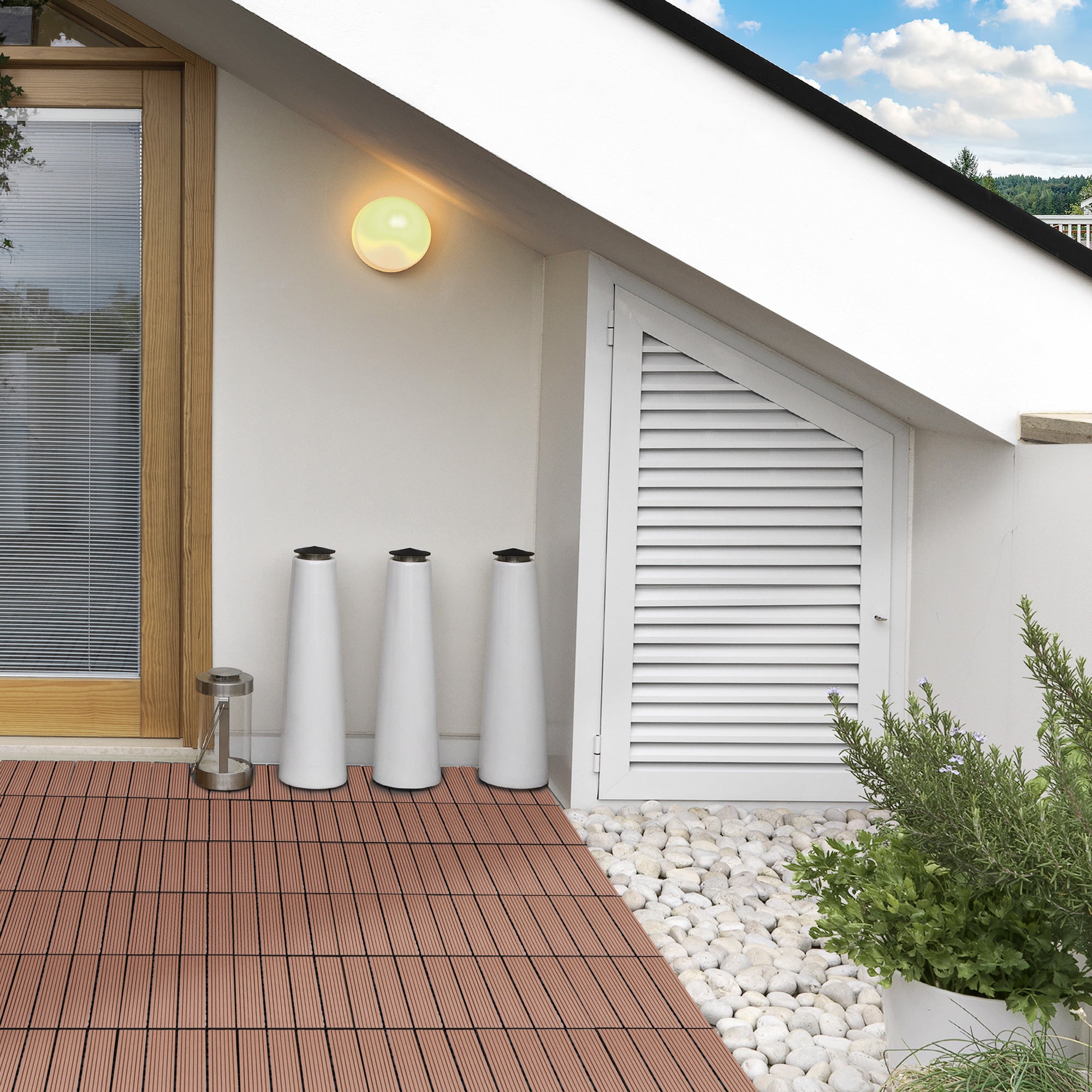 Outsunny 11 Pcs Plastic Interlocking Deck Tiles, 12" x 12" Non-slip Outdoor Flooring Tiles, 11 sq.ft. per Pack, All Weather for Indoor Outdoor Patio Balcony, Light Brown