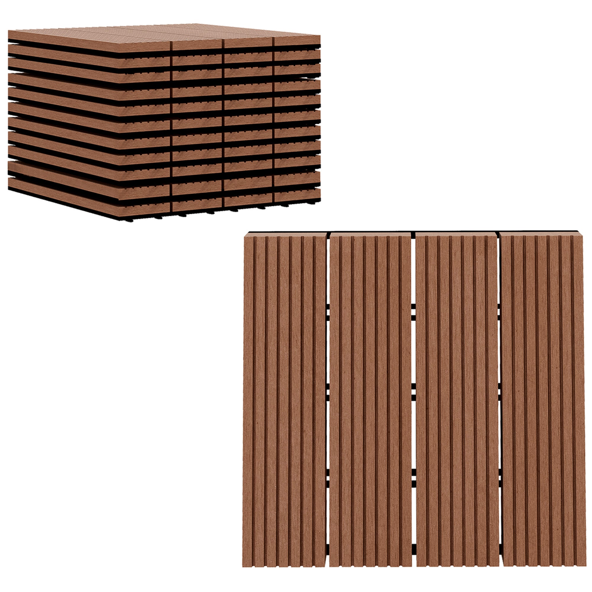 Outsunny 11 Pcs Plastic Interlocking Deck Tiles, 12" x 12" Non-slip Outdoor Flooring Tiles, 11 sq.ft. per Pack, All Weather for Indoor Outdoor Patio Balcony, Light Brown