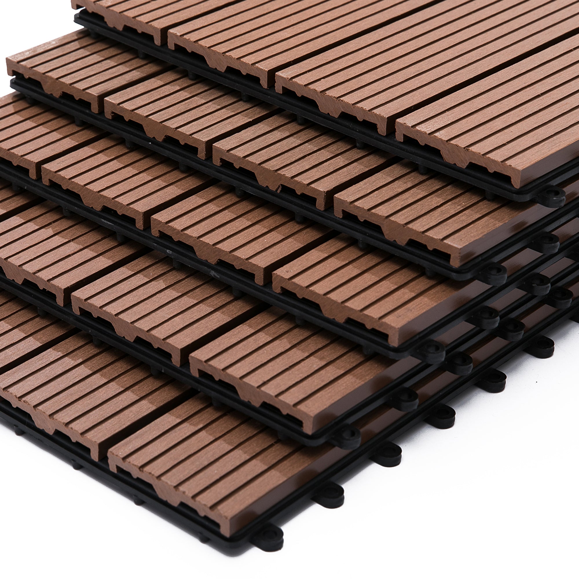 Outsunny 11 Pcs Plastic Interlocking Deck Tiles, 12" x 12" Non-slip Outdoor Flooring Tiles, 11 sq.ft. per Pack, All Weather for Indoor Outdoor Patio Balcony, Light Brown