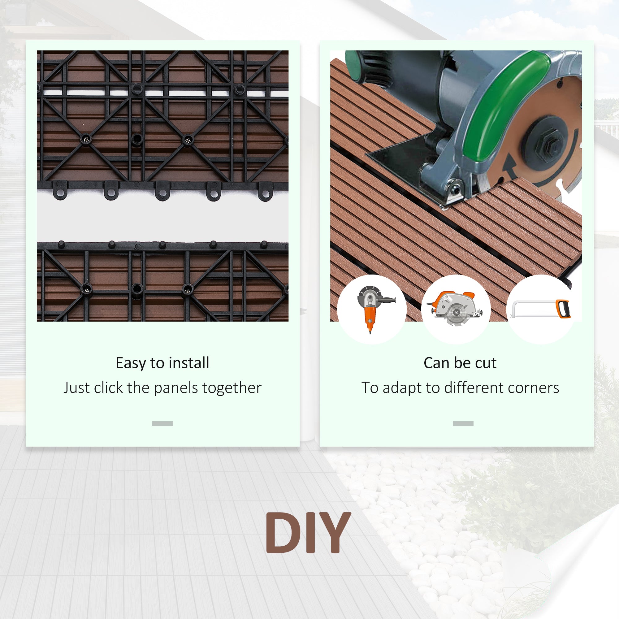 Outsunny 11 Pcs Plastic Interlocking Deck Tiles, 12" x 12" Non-slip Outdoor Flooring Tiles, 11 sq.ft. per Pack, All Weather for Indoor Outdoor Patio Balcony, Light Brown