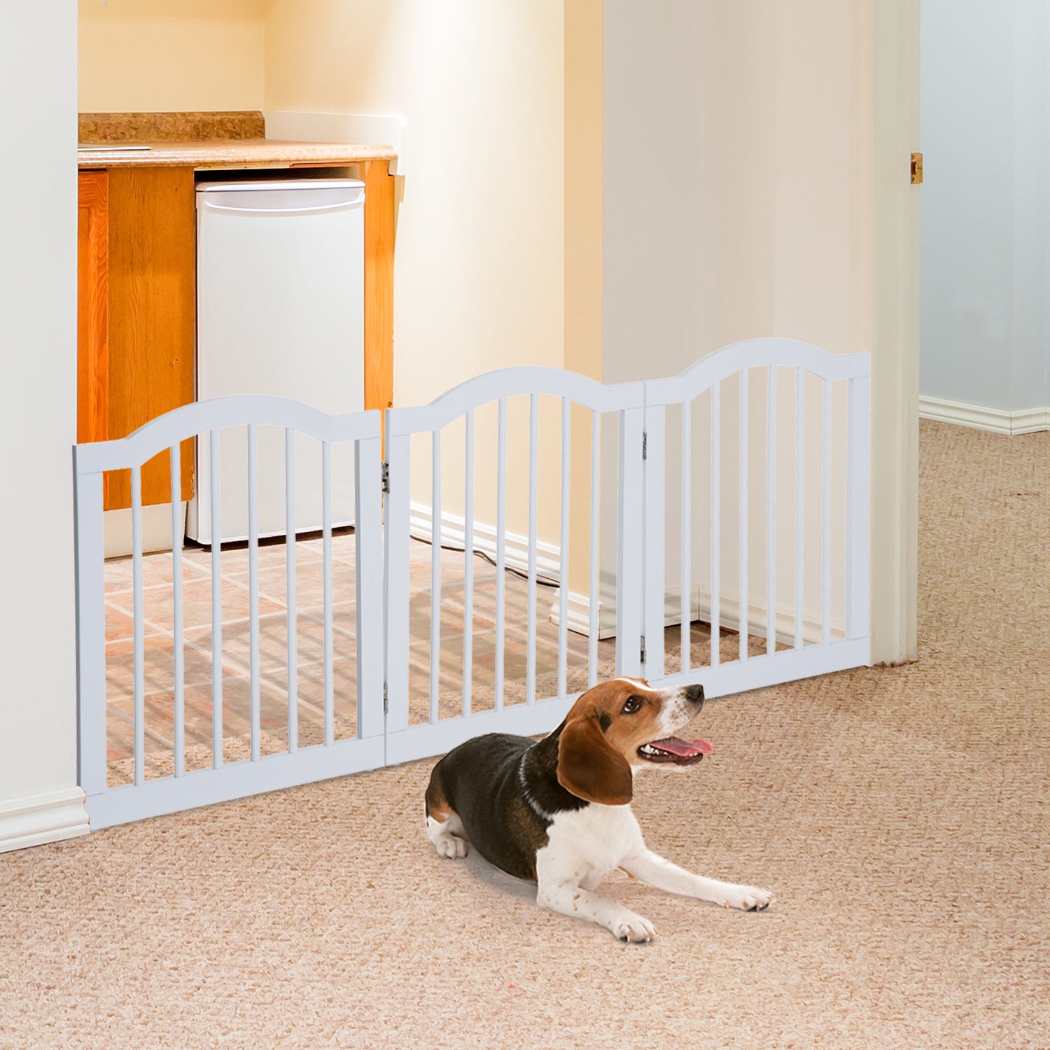 Pawhut Wooden Foldable Dog Gate Stepover Panel Pet Fence Freestanding Safety Barrier for the House, Doorway, Stairs(White)