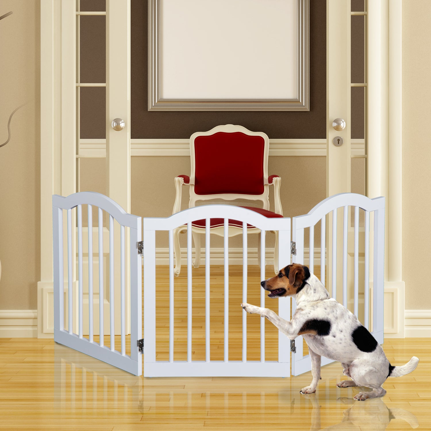 Pawhut Wooden Foldable Dog Gate Stepover Panel Pet Fence Freestanding Safety Barrier for the House, Doorway, Stairs(White)