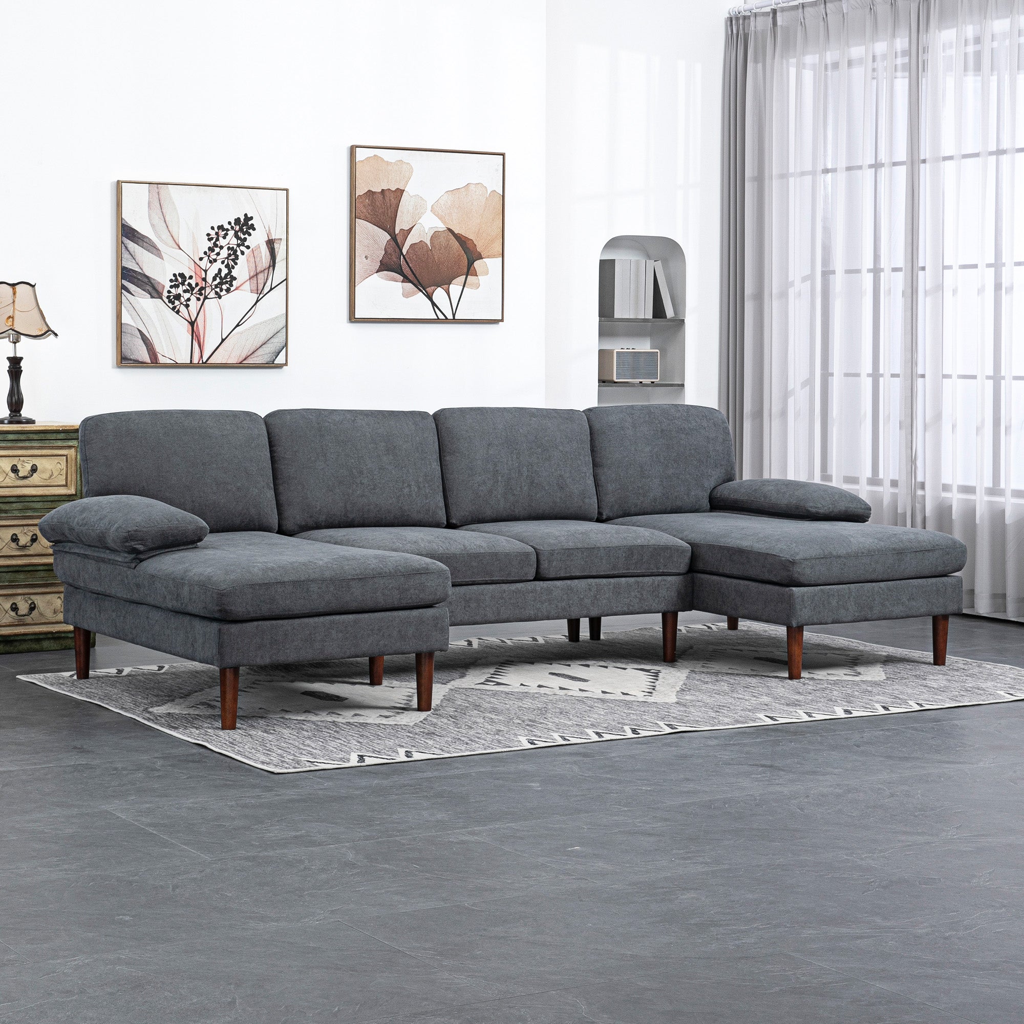 HOMCOM Sectional Sofa, 4 Seater Corner Sofa with Double Chaise Lounge, Modern U Shape Couch with Wooden Legs and Arms, Fabric Sofa for Living Room, Bedroom, Dark Grey