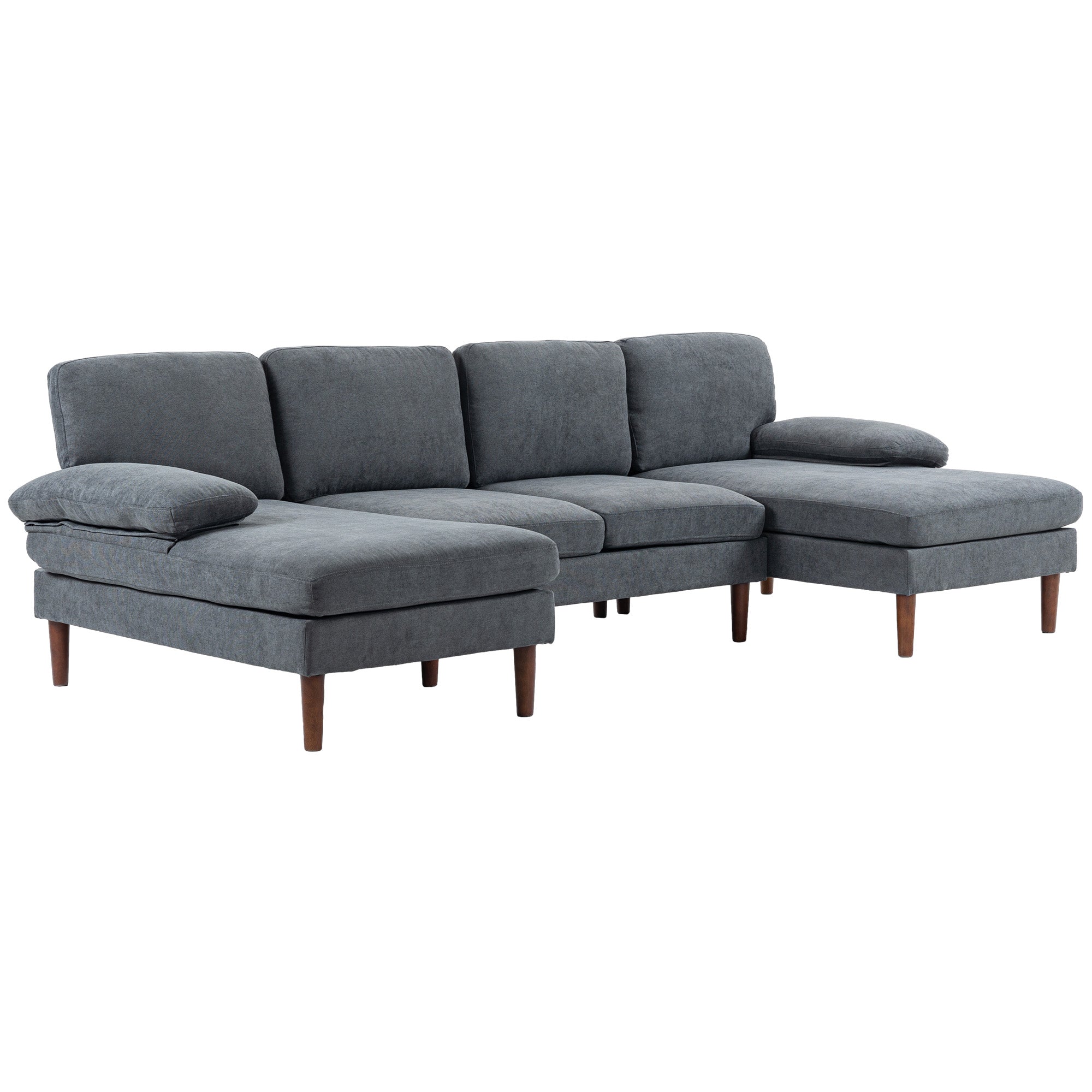 HOMCOM Sectional Sofa, 4 Seater Corner Sofa with Double Chaise Lounge, Modern U Shape Couch with Wooden Legs and Arms, Fabric Sofa for Living Room, Bedroom, Dark Grey