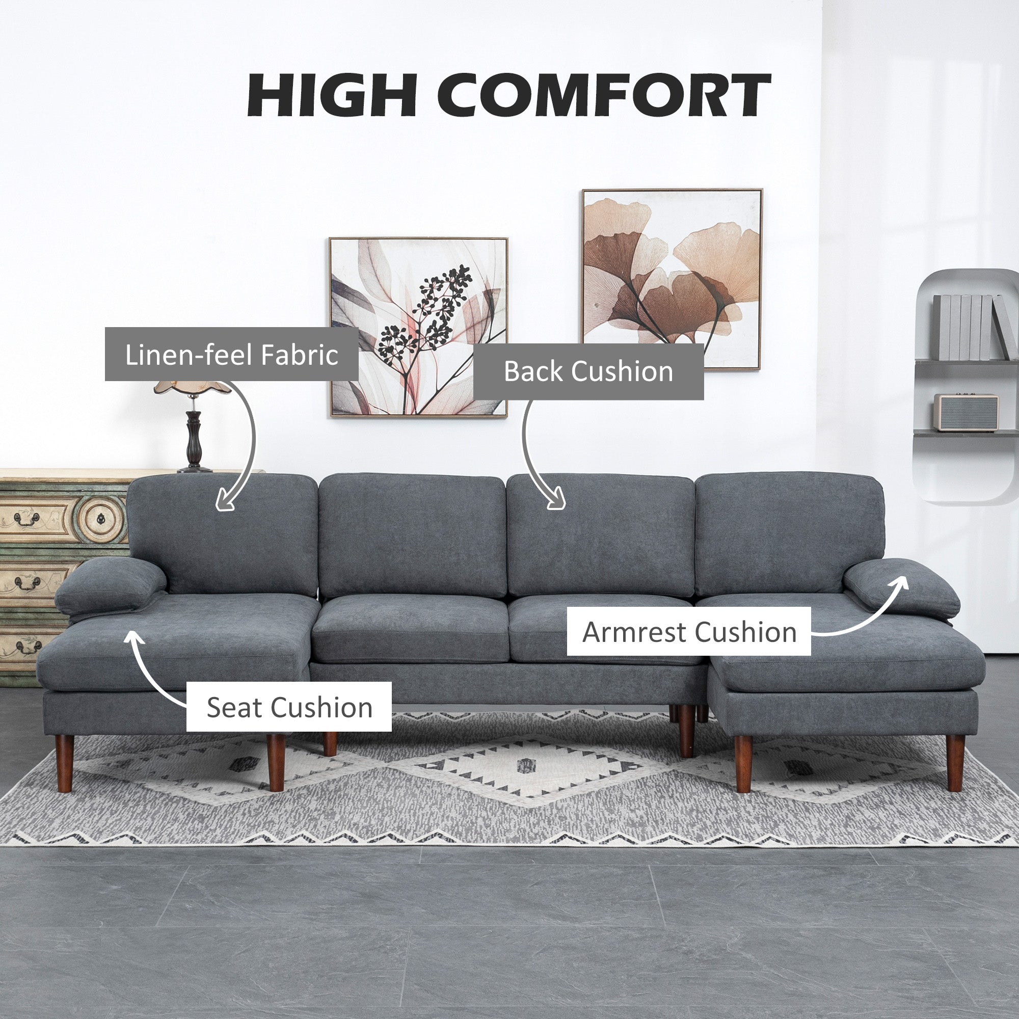 HOMCOM Sectional Sofa, 4 Seater Corner Sofa with Double Chaise Lounge, Modern U Shape Couch with Wooden Legs and Arms, Fabric Sofa for Living Room, Bedroom, Dark Grey