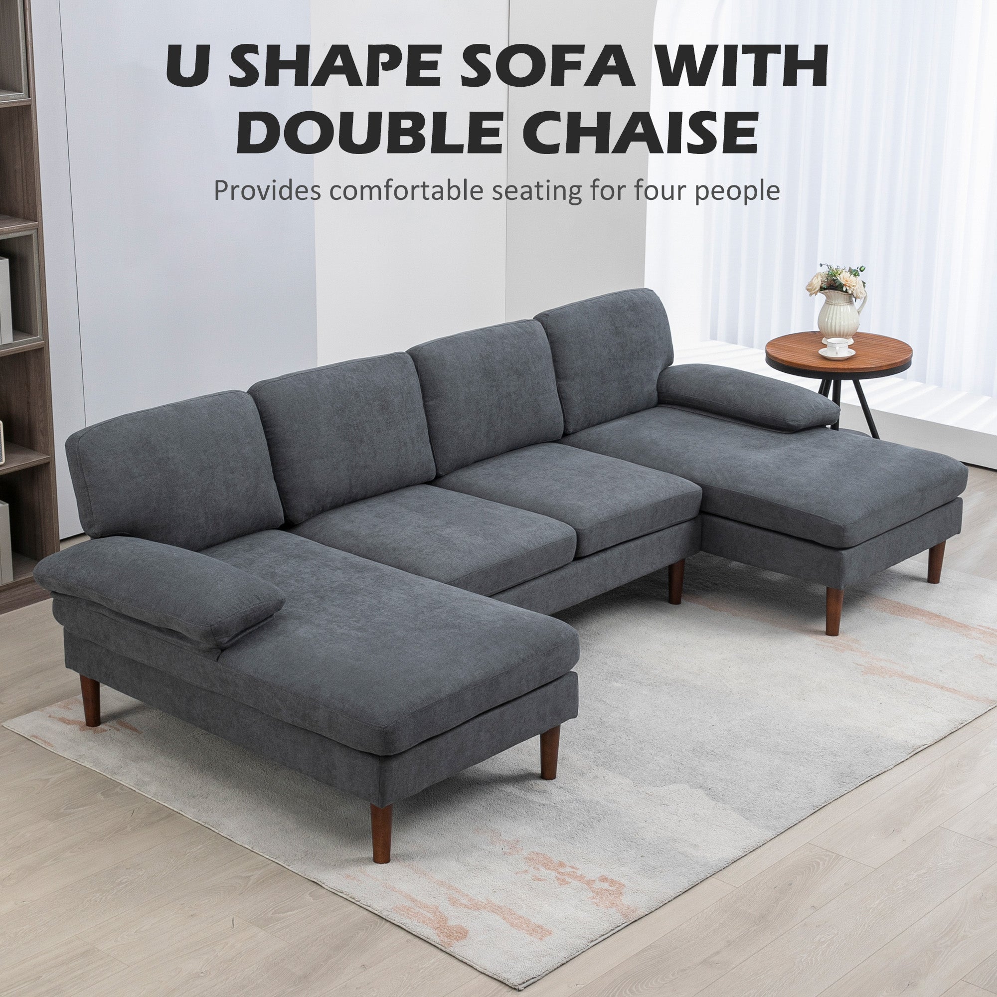 HOMCOM Sectional Sofa, 4 Seater Corner Sofa with Double Chaise Lounge, Modern U Shape Couch with Wooden Legs and Arms, Fabric Sofa for Living Room, Bedroom, Dark Grey