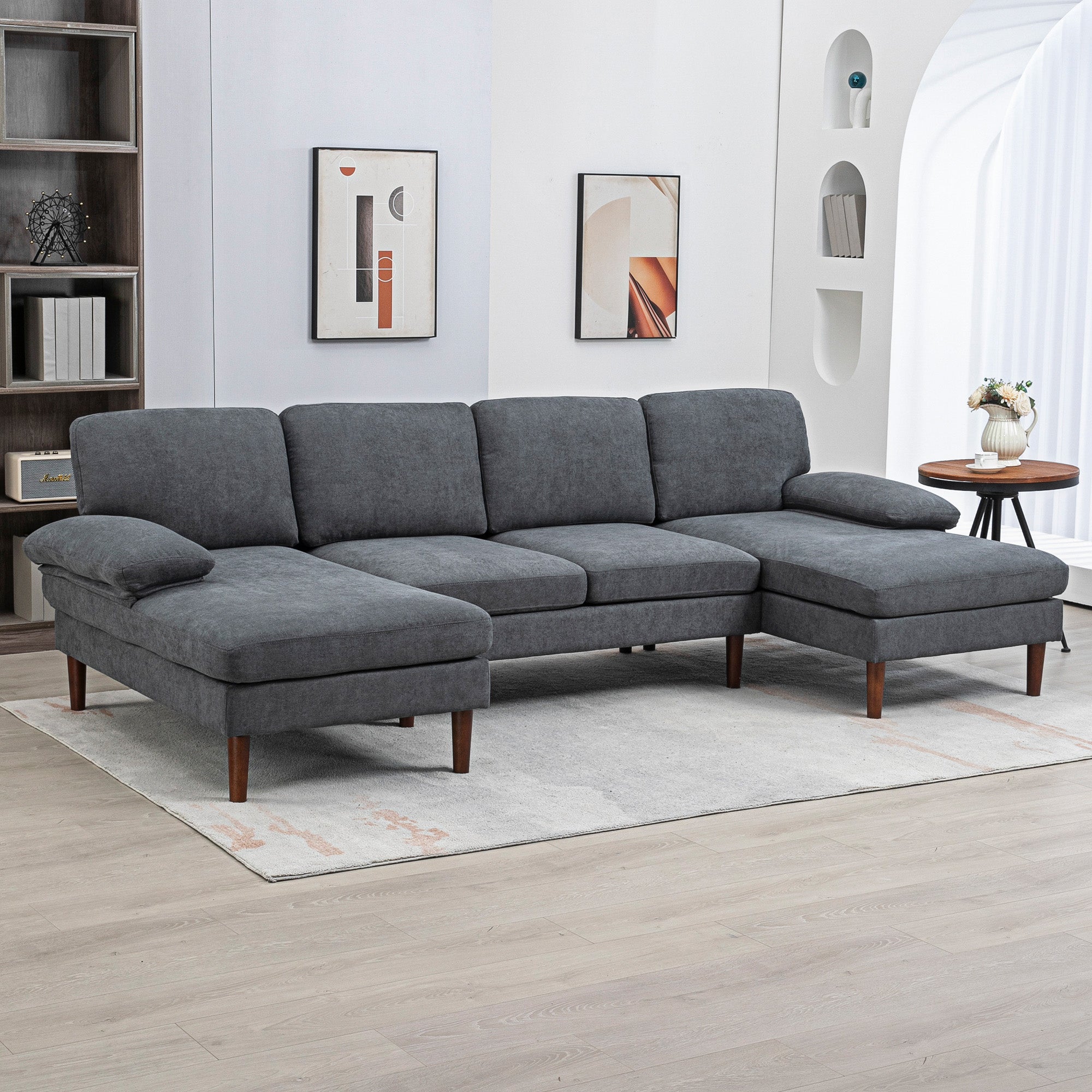 HOMCOM Sectional Sofa, 4 Seater Corner Sofa with Double Chaise Lounge, Modern U Shape Couch with Wooden Legs and Arms, Fabric Sofa for Living Room, Bedroom, Dark Grey