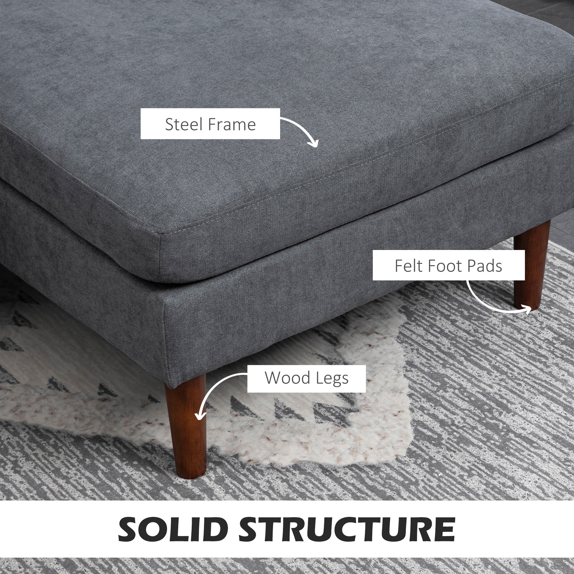 HOMCOM Sectional Sofa, 4 Seater Corner Sofa with Double Chaise Lounge, Modern U Shape Couch with Wooden Legs and Arms, Fabric Sofa for Living Room, Bedroom, Dark Grey