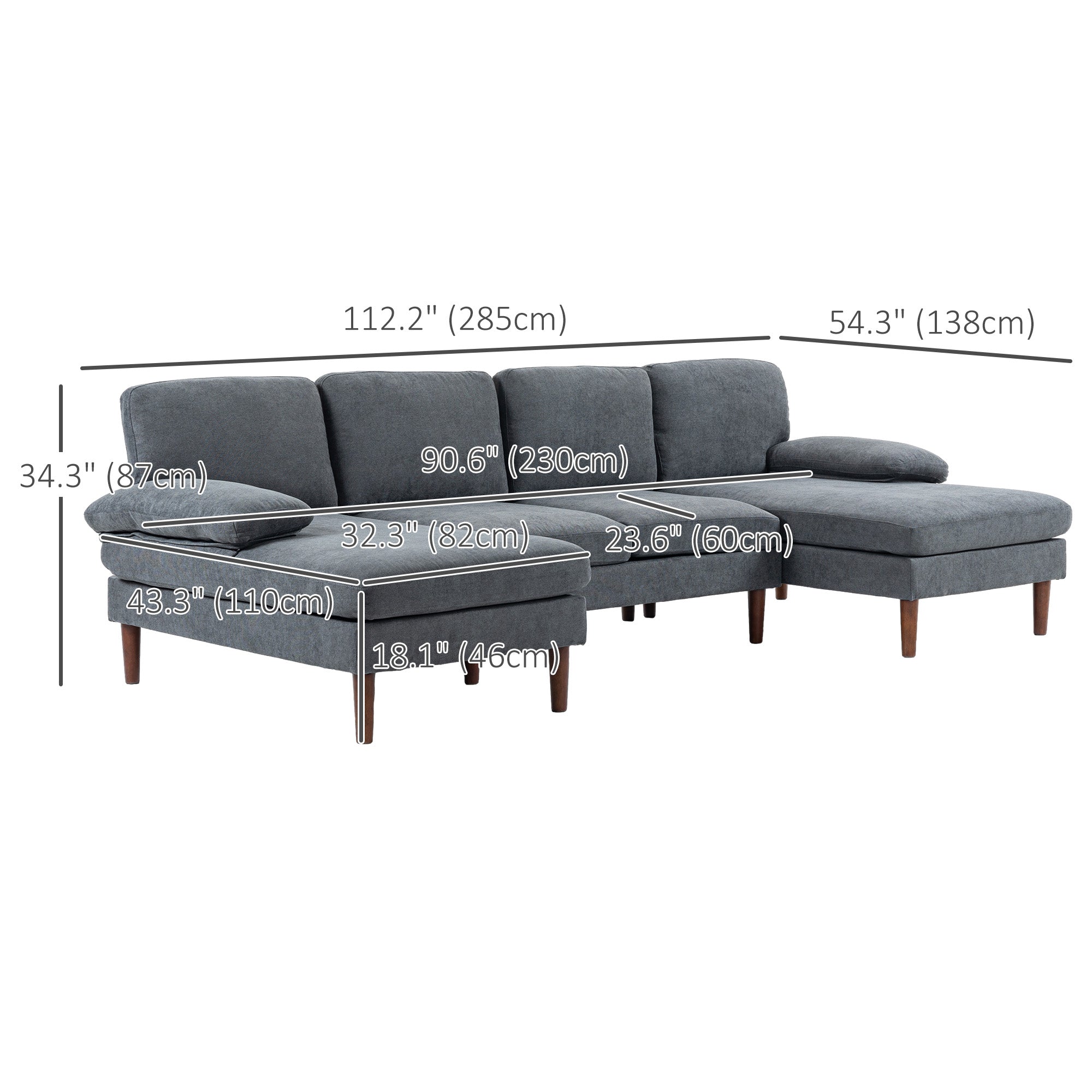 HOMCOM Sectional Sofa, 4 Seater Corner Sofa with Double Chaise Lounge, Modern U Shape Couch with Wooden Legs and Arms, Fabric Sofa for Living Room, Bedroom, Dark Grey