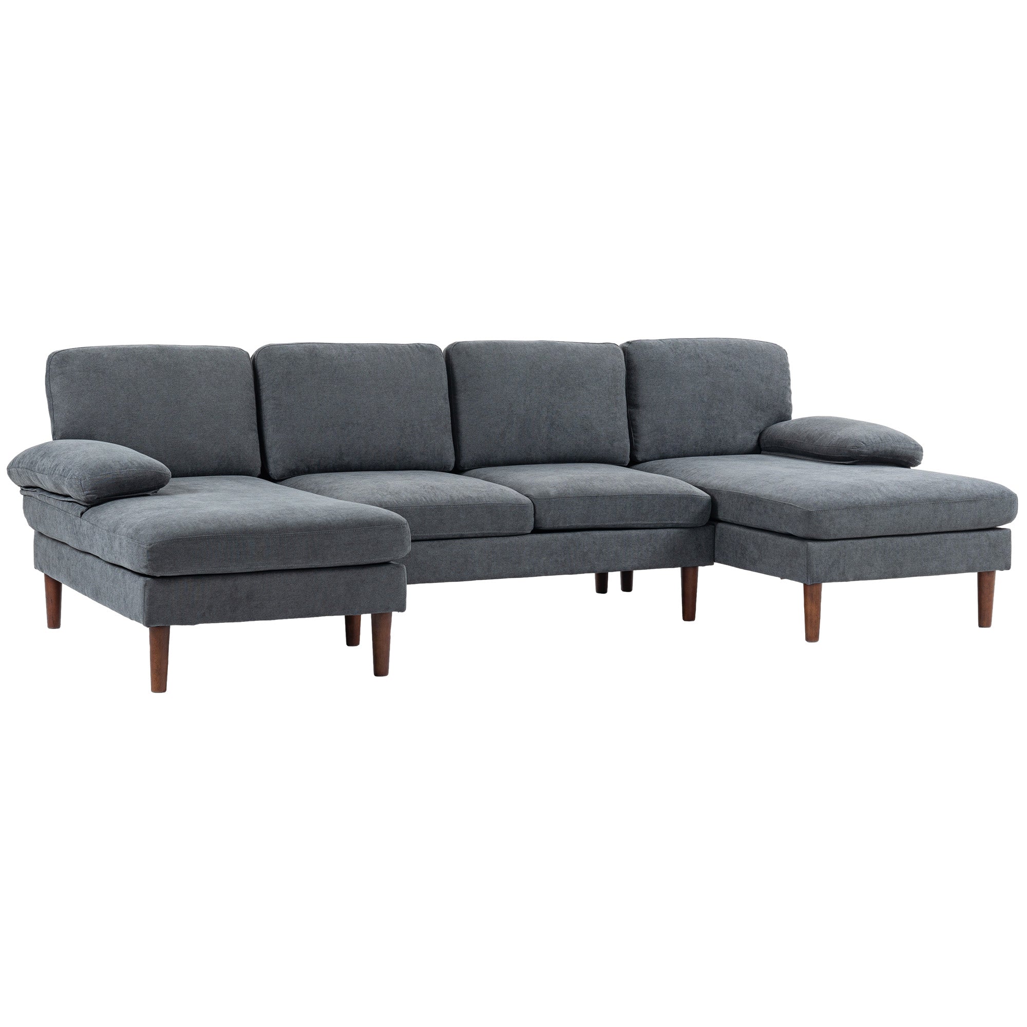 HOMCOM Sectional Sofa, 4 Seater Corner Sofa with Double Chaise Lounge, Modern U Shape Couch with Wooden Legs and Arms, Fabric Sofa for Living Room, Bedroom, Dark Grey