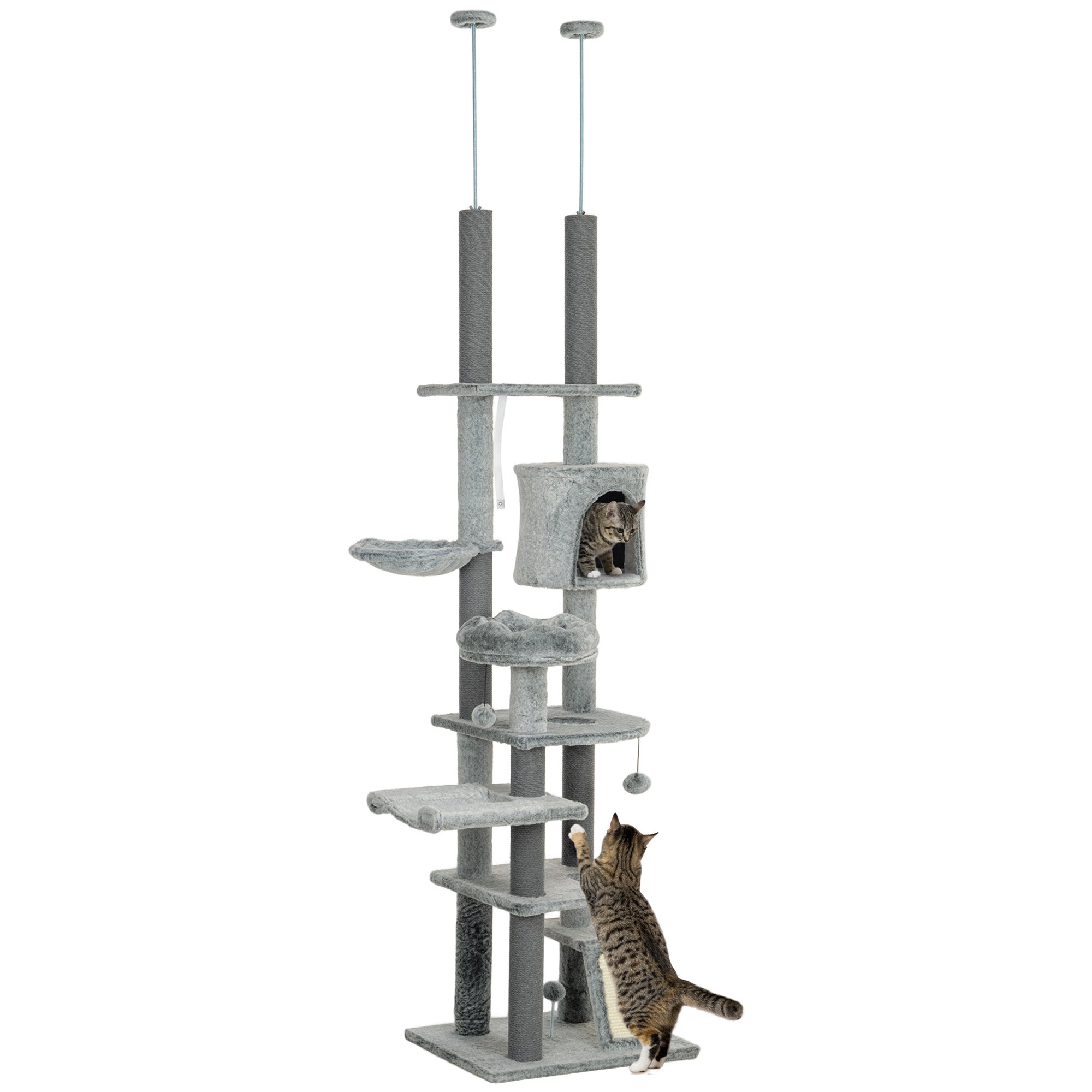 PawHut Cat Tower for Large Cats Floor to Ceiling Cat Tree for Indoor Cats Adjustable Height 89" -100" Multi Levels Cat Climbing Tower with Scratching Posts, Cozy Condo, Ramp