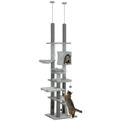 PawHut Cat Tower for Large Cats Floor to Ceiling Cat Tree for Indoor Cats Adjustable Height 89" -100" Multi Levels Cat Climbing Tower with Scratching Posts, Cozy Condo, Ramp