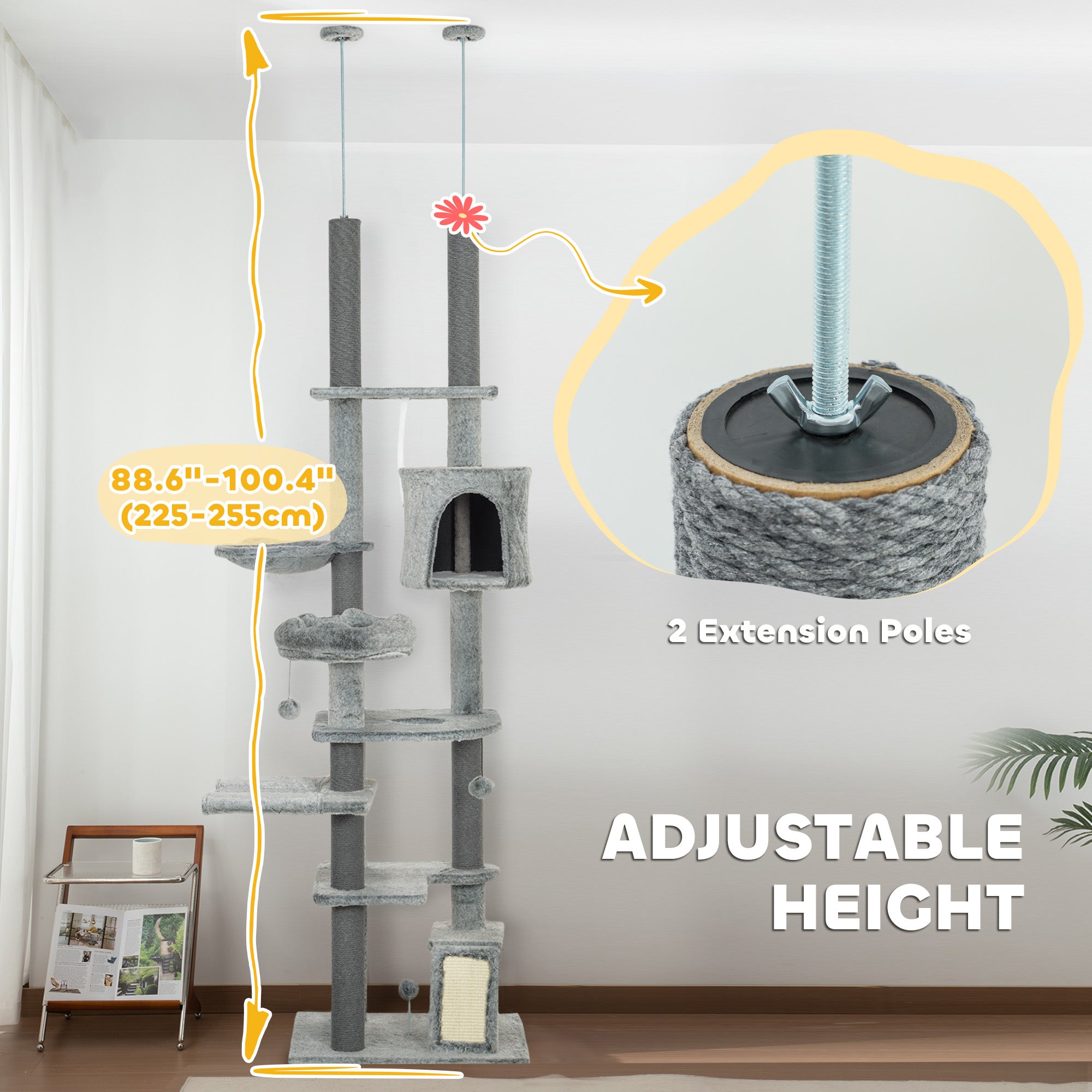 PawHut Cat Tower for Large Cats Floor to Ceiling Cat Tree for Indoor Cats Adjustable Height 89" -100" Multi Levels Cat Climbing Tower with Scratching Posts, Cozy Condo, Ramp