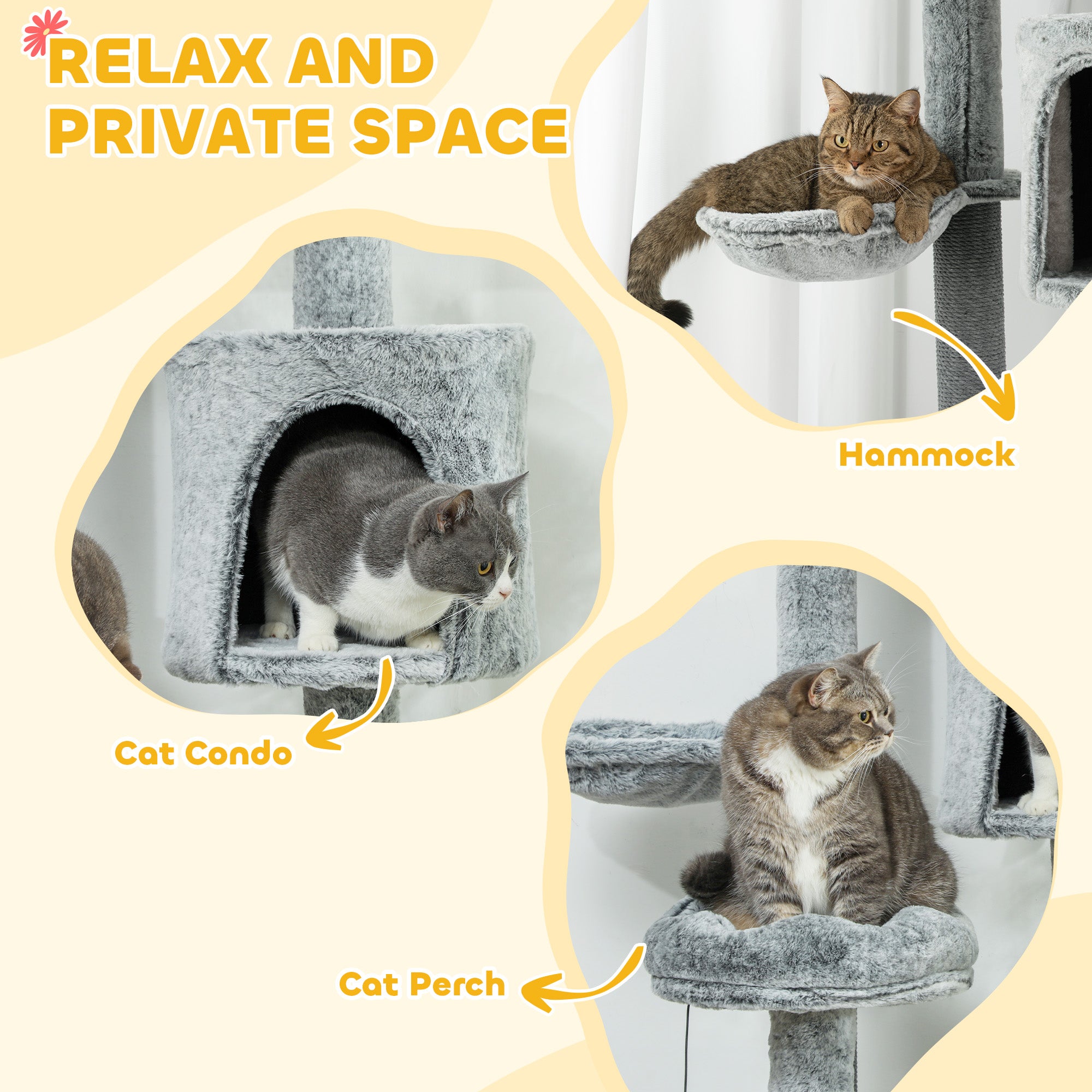 PawHut Cat Tower for Large Cats Floor to Ceiling Cat Tree for Indoor Cats Adjustable Height 89" -100" Multi Levels Cat Climbing Tower with Scratching Posts, Cozy Condo, Ramp