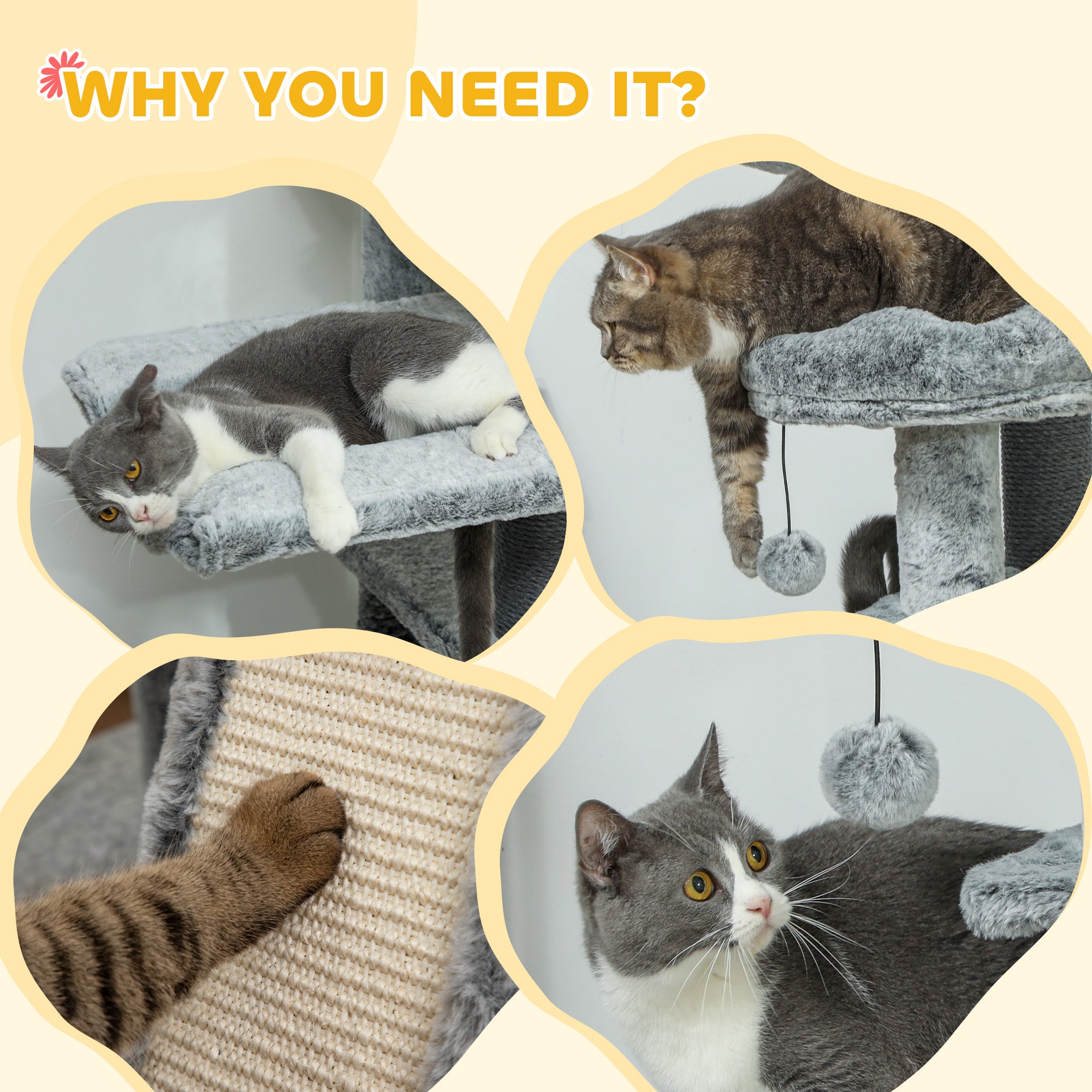 PawHut Cat Tower for Large Cats Floor to Ceiling Cat Tree for Indoor Cats Adjustable Height 89" -100" Multi Levels Cat Climbing Tower with Scratching Posts, Cozy Condo, Ramp