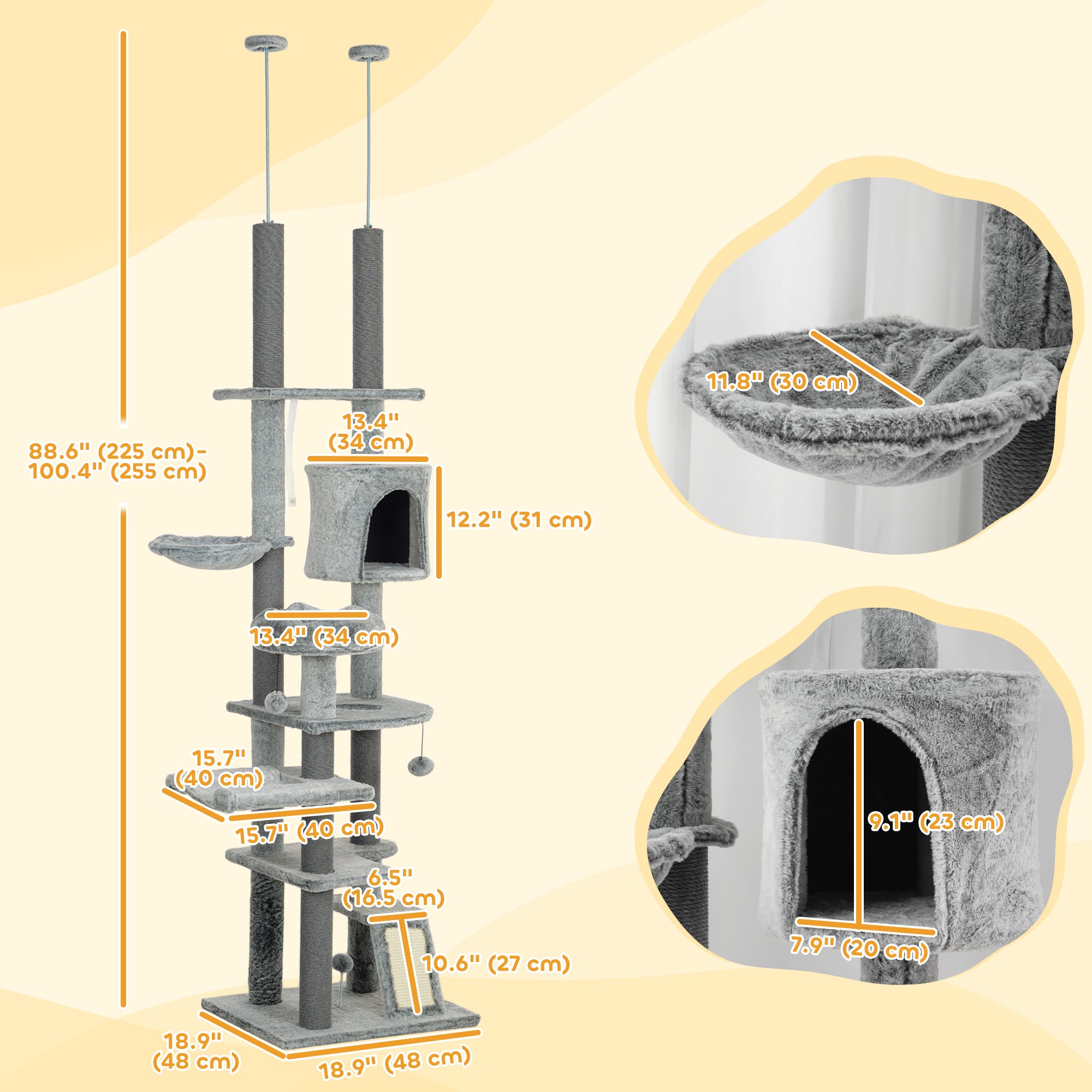 PawHut Cat Tower for Large Cats Floor to Ceiling Cat Tree for Indoor Cats Adjustable Height 89" -100" Multi Levels Cat Climbing Tower with Scratching Posts, Cozy Condo, Ramp