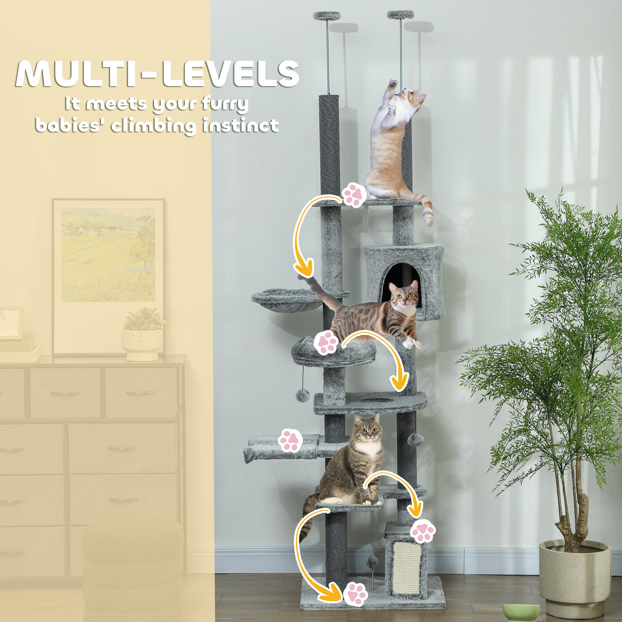 PawHut Cat Tower for Large Cats Floor to Ceiling Cat Tree for Indoor Cats Adjustable Height 89" -100" Multi Levels Cat Climbing Tower with Scratching Posts, Cozy Condo, Ramp