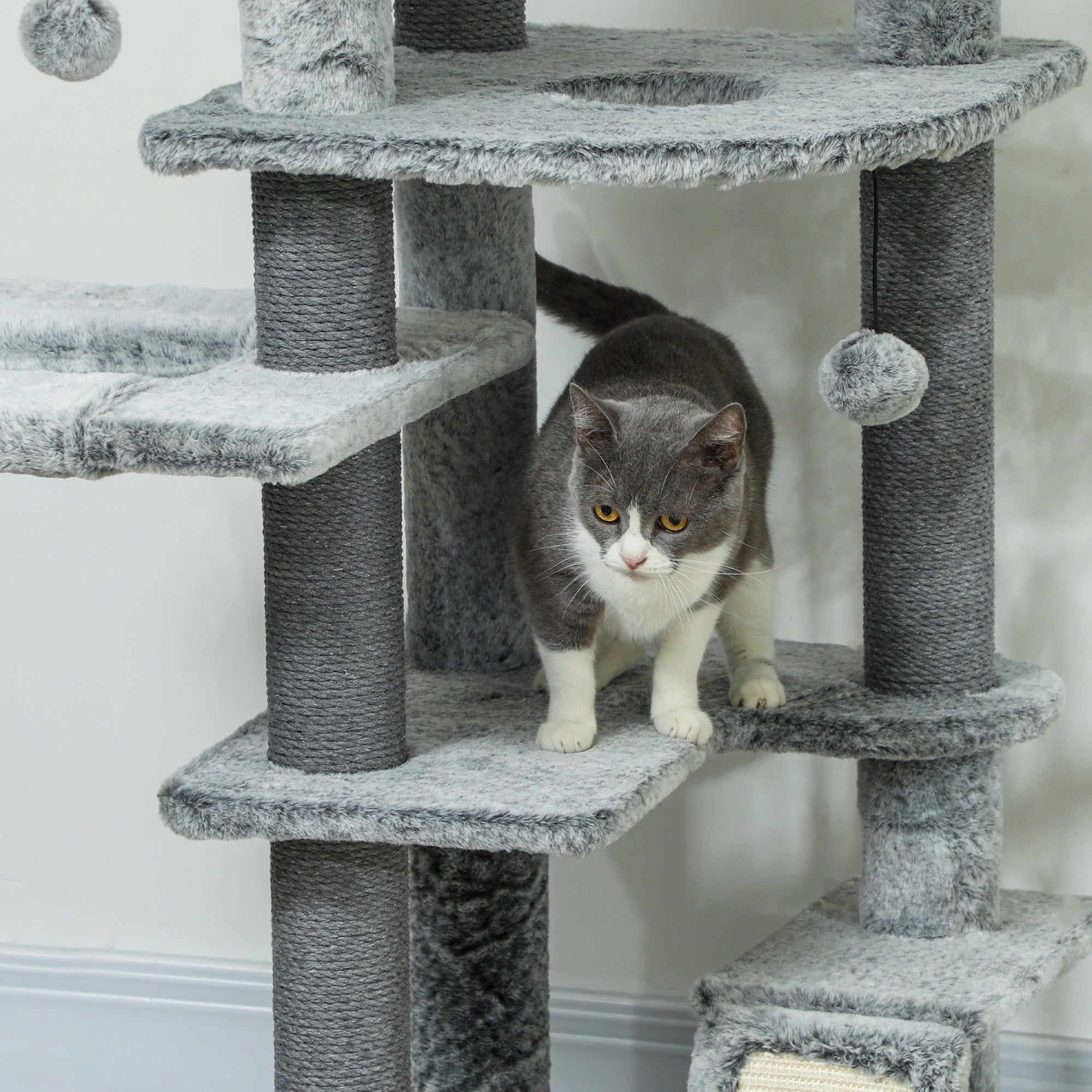 PawHut Cat Tower for Large Cats Floor to Ceiling Cat Tree for Indoor Cats Adjustable Height 89" -100" Multi Levels Cat Climbing Tower with Scratching Posts, Cozy Condo, Ramp