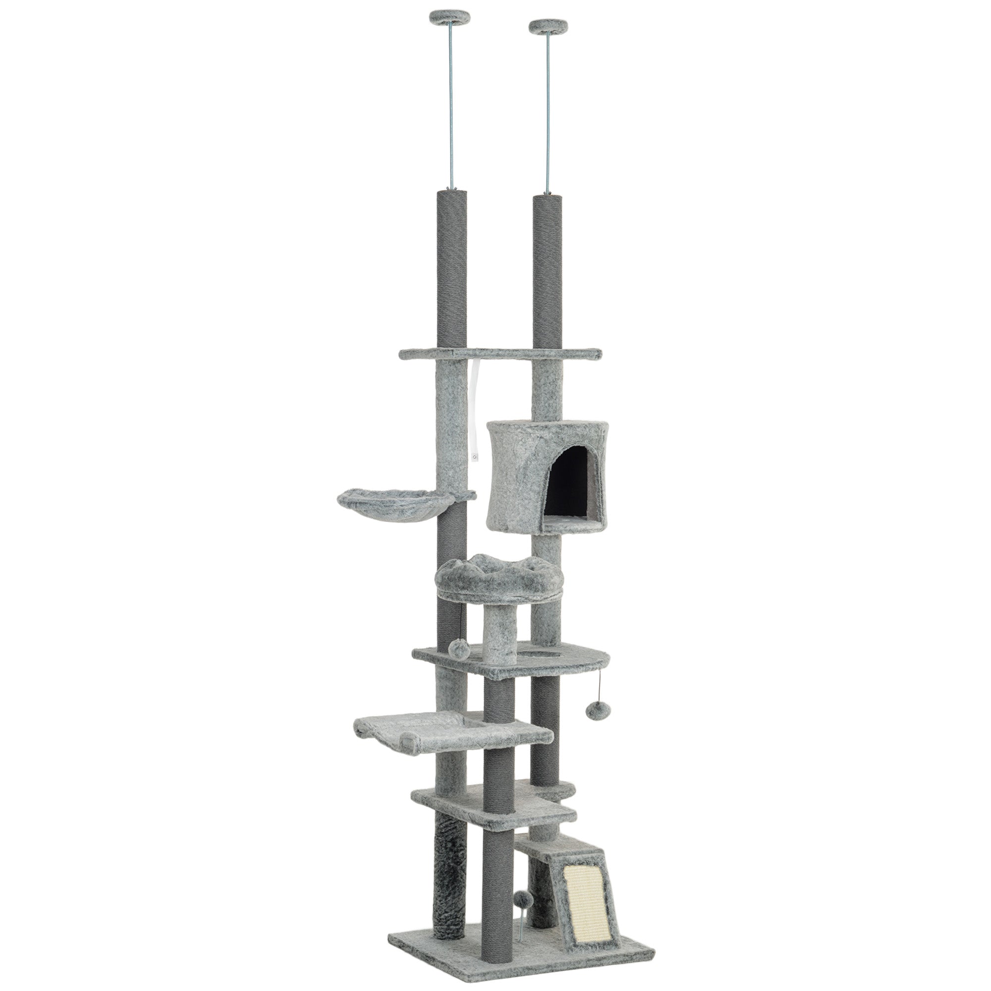 PawHut Cat Tower for Large Cats Floor to Ceiling Cat Tree for Indoor Cats Adjustable Height 89" -100" Multi Levels Cat Climbing Tower with Scratching Posts, Cozy Condo, Ramp