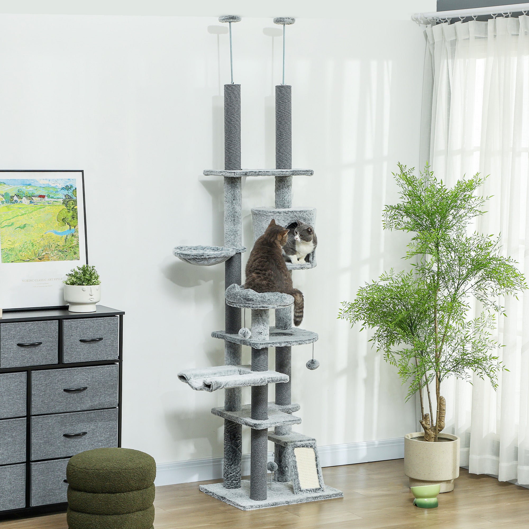 PawHut Cat Tower for Large Cats Floor to Ceiling Cat Tree for Indoor Cats Adjustable Height 89" -100" Multi Levels Cat Climbing Tower with Scratching Posts, Cozy Condo, Ramp