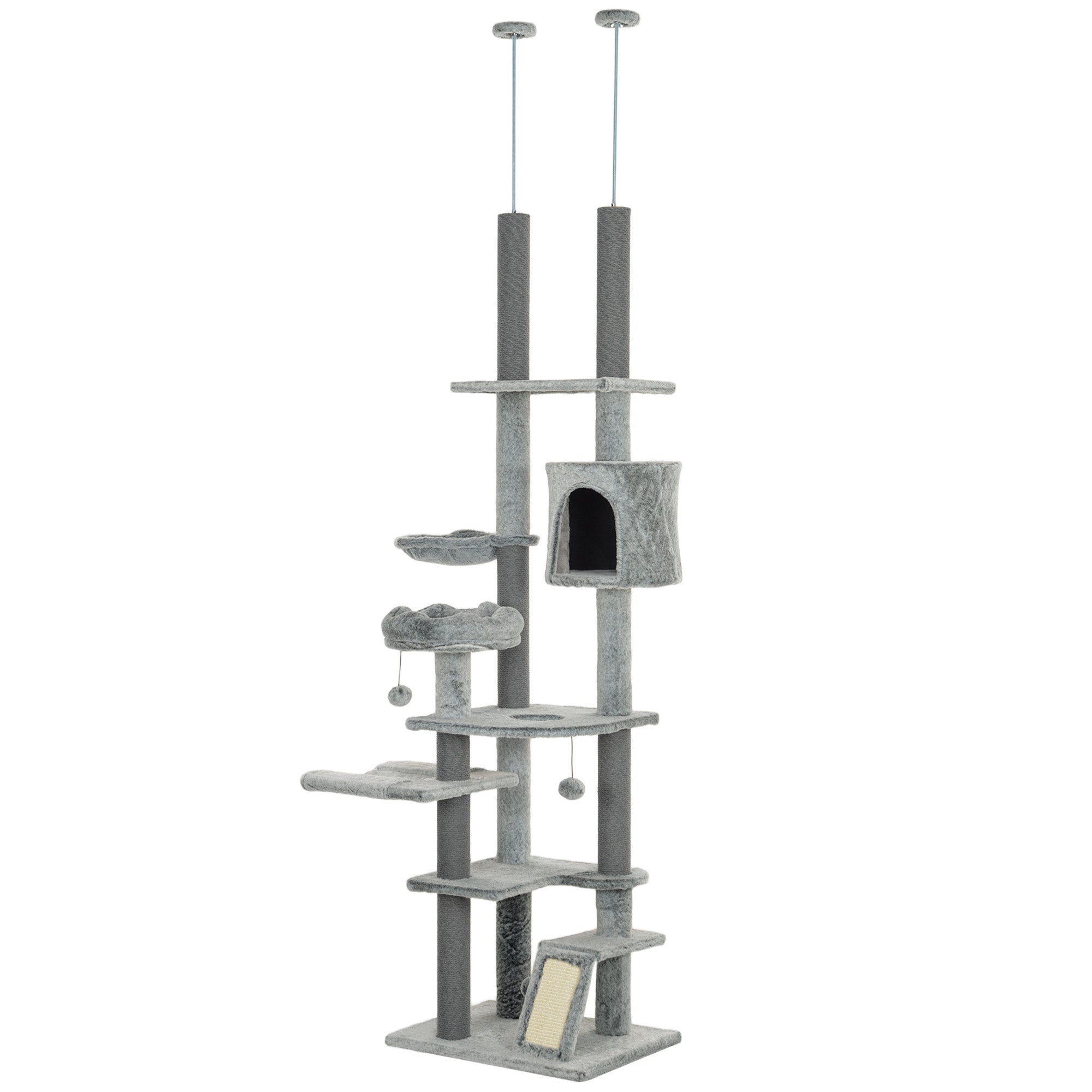 PawHut Cat Tower for Large Cats Floor to Ceiling Cat Tree for Indoor Cats Adjustable Height 89" -100" Multi Levels Cat Climbing Tower with Scratching Posts, Cozy Condo, Ramp