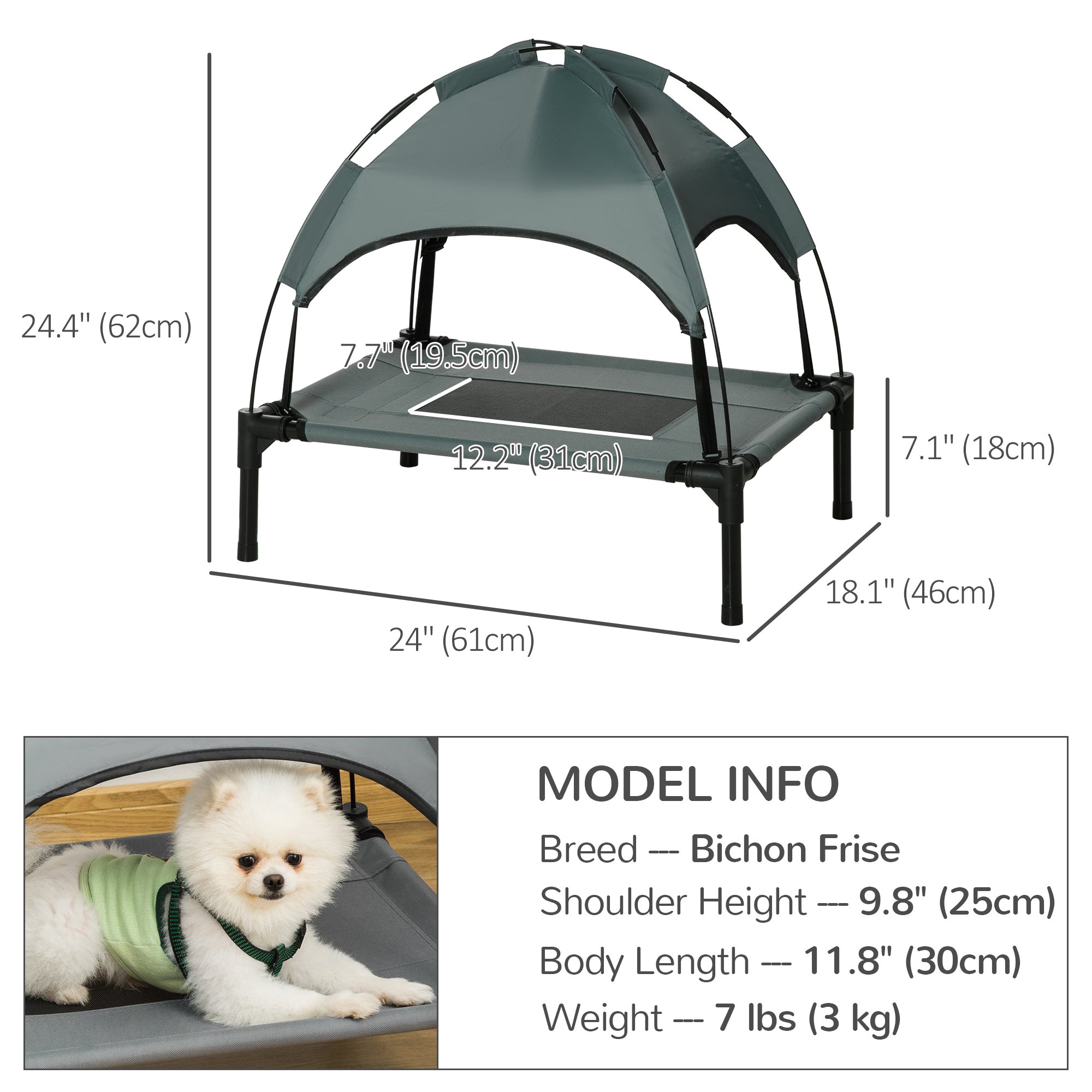 PawHut Elevated Dog Bed with Canopy, Portable Raised Dog Cot for S Sized Dogs, Indoor & Outdoor, 25" x 18" x 24", Grey