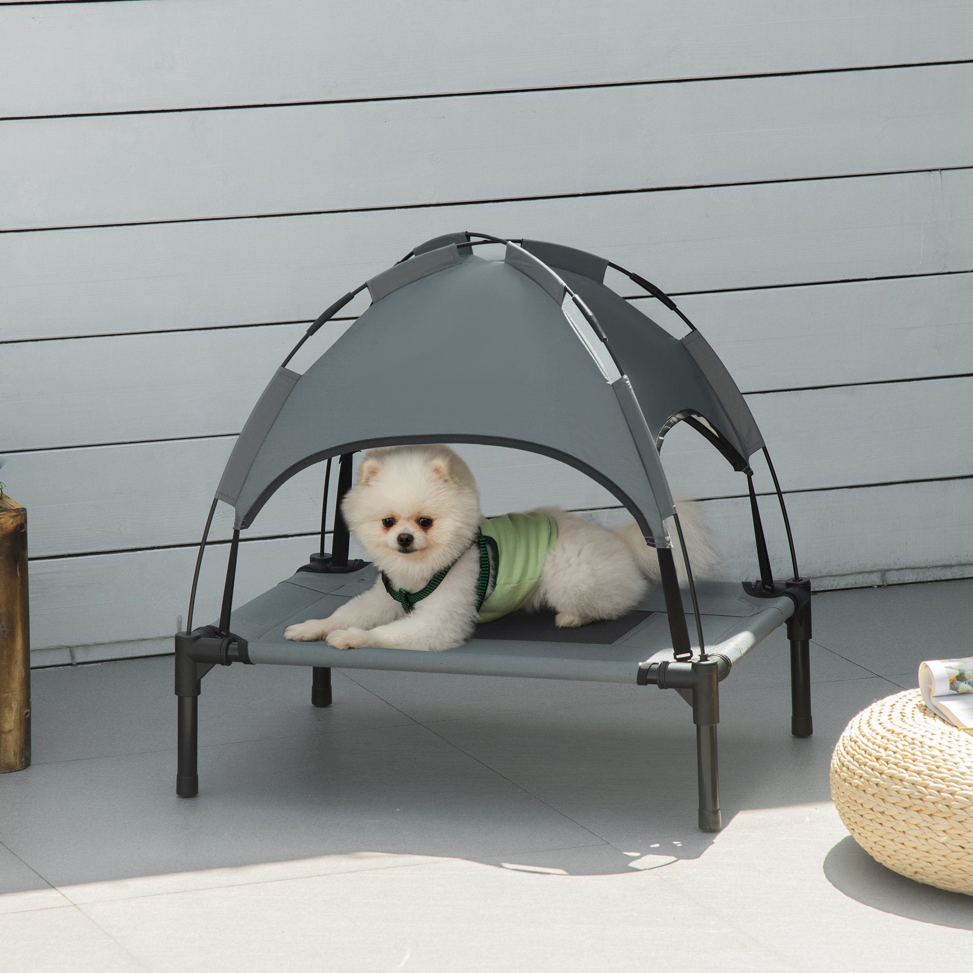 PawHut Elevated Dog Bed with Canopy, Portable Raised Dog Cot for S Sized Dogs, Indoor & Outdoor, 25" x 18" x 24", Grey