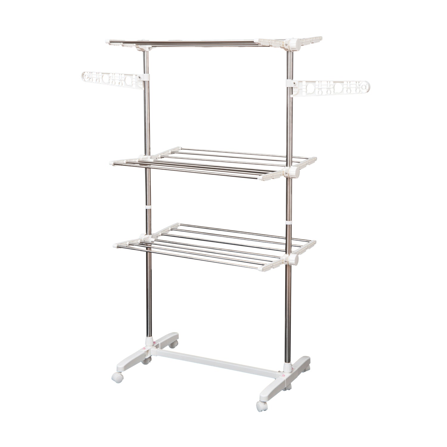 HOMCOM 3-Tier Clothes Drying Rack, Stainless Steel Laundry Rack with 2 Side Wings and 6 Castors, Collapsible Adjustable Clothes Airer for Indoor Outdoor, White
