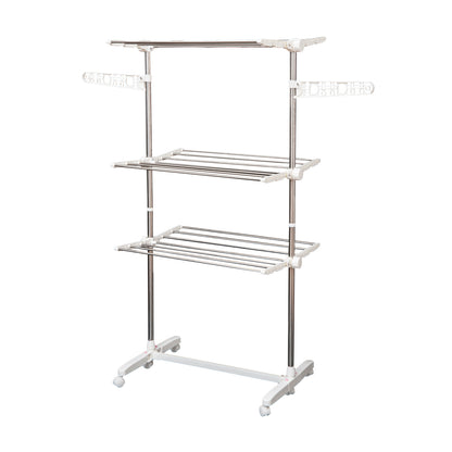 HOMCOM 3-Tier Clothes Drying Rack, Stainless Steel Laundry Rack with 2 Side Wings and 6 Castors, Collapsible Adjustable Clothes Airer for Indoor Outdoor, White