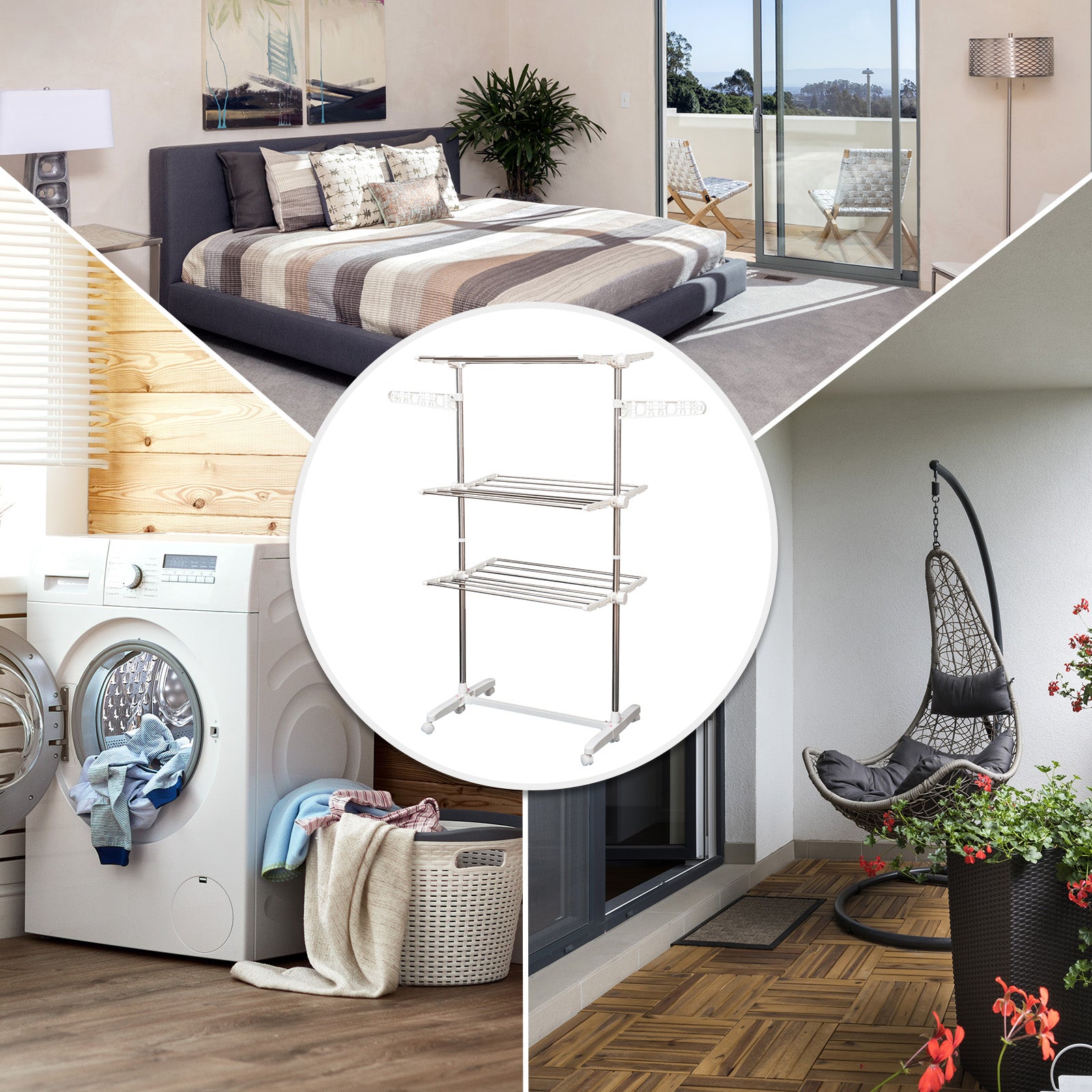HOMCOM 3-Tier Clothes Drying Rack, Stainless Steel Laundry Rack with 2 Side Wings and 6 Castors, Collapsible Adjustable Clothes Airer for Indoor Outdoor, White