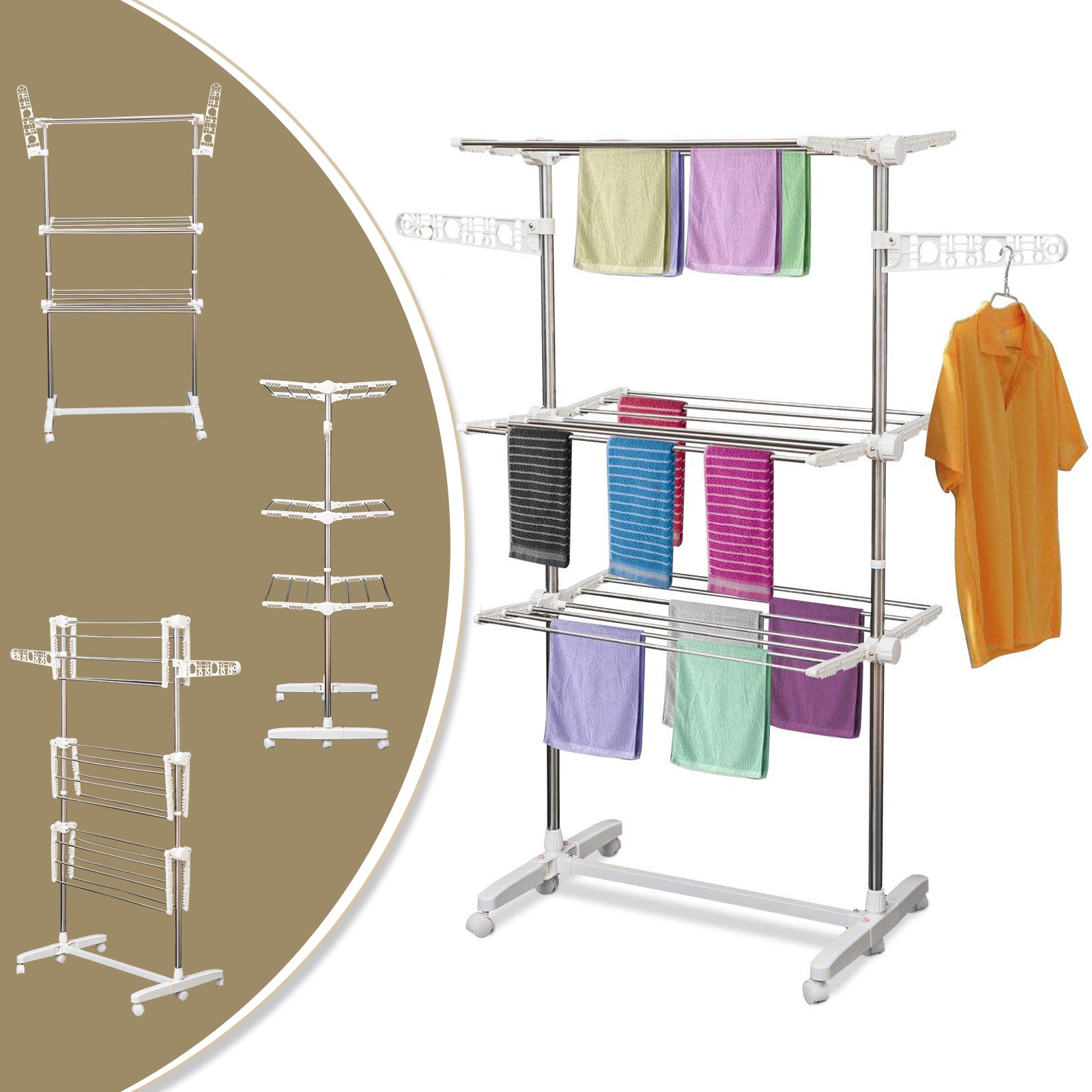 HOMCOM 3-Tier Clothes Drying Rack, Stainless Steel Laundry Rack with 2 Side Wings and 6 Castors, Collapsible Adjustable Clothes Airer for Indoor Outdoor, White