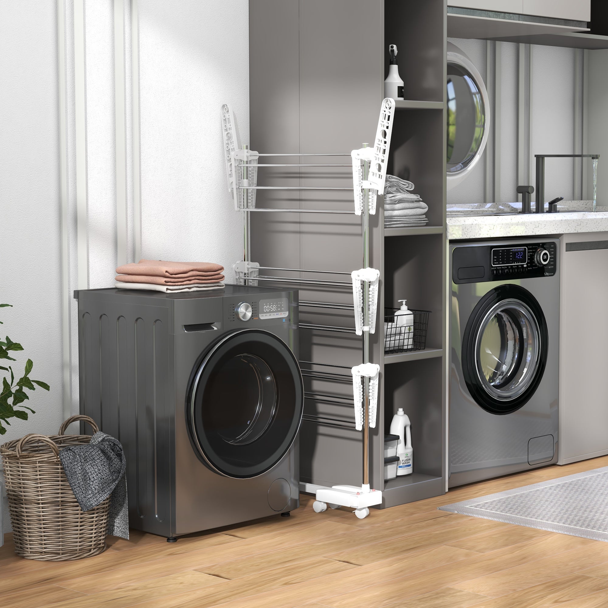 HOMCOM 3-Tier Clothes Drying Rack, Stainless Steel Laundry Rack with 2 Side Wings and 6 Castors, Collapsible Adjustable Clothes Airer for Indoor Outdoor, White