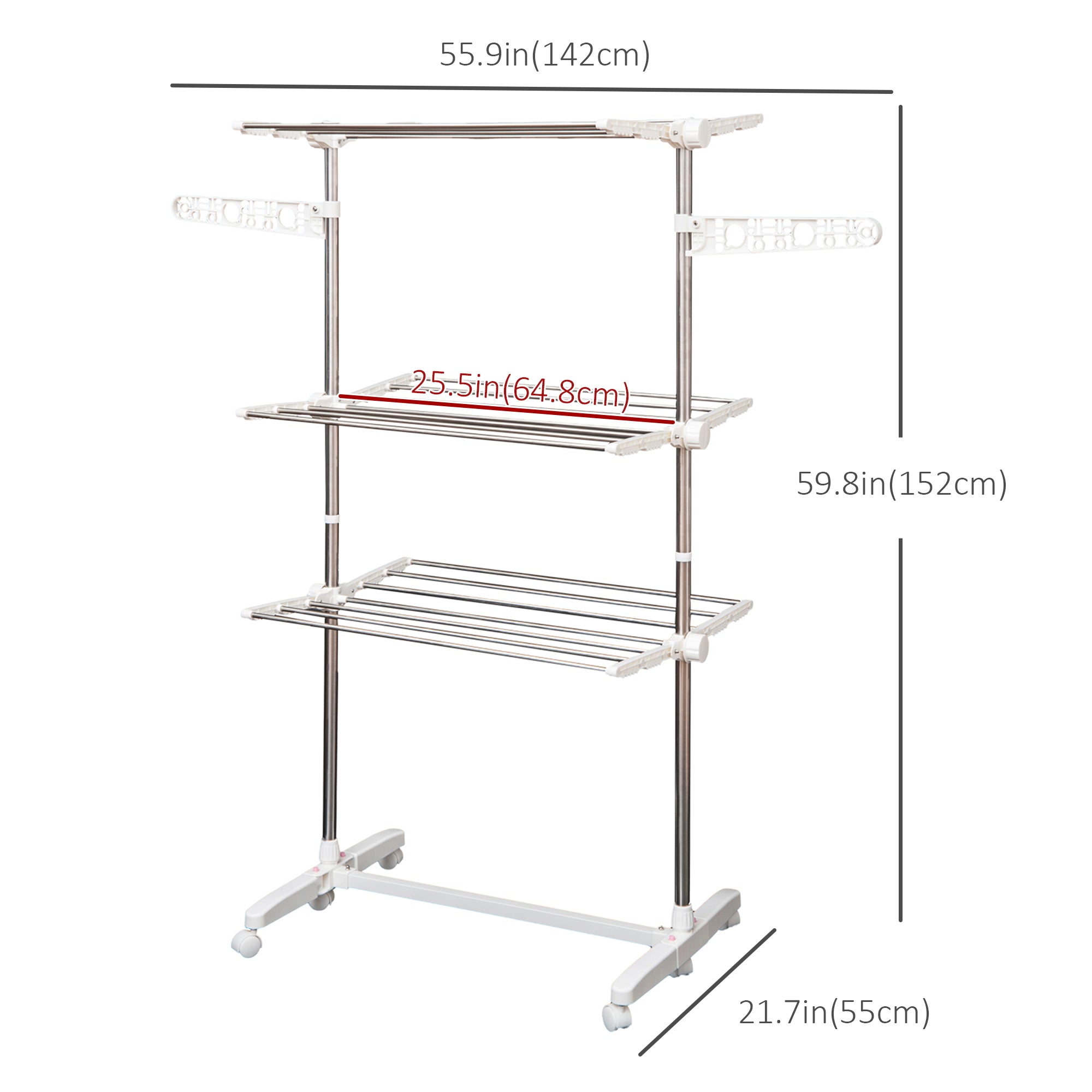 HOMCOM 3-Tier Clothes Drying Rack, Stainless Steel Laundry Rack with 2 Side Wings and 6 Castors, Collapsible Adjustable Clothes Airer for Indoor Outdoor, White