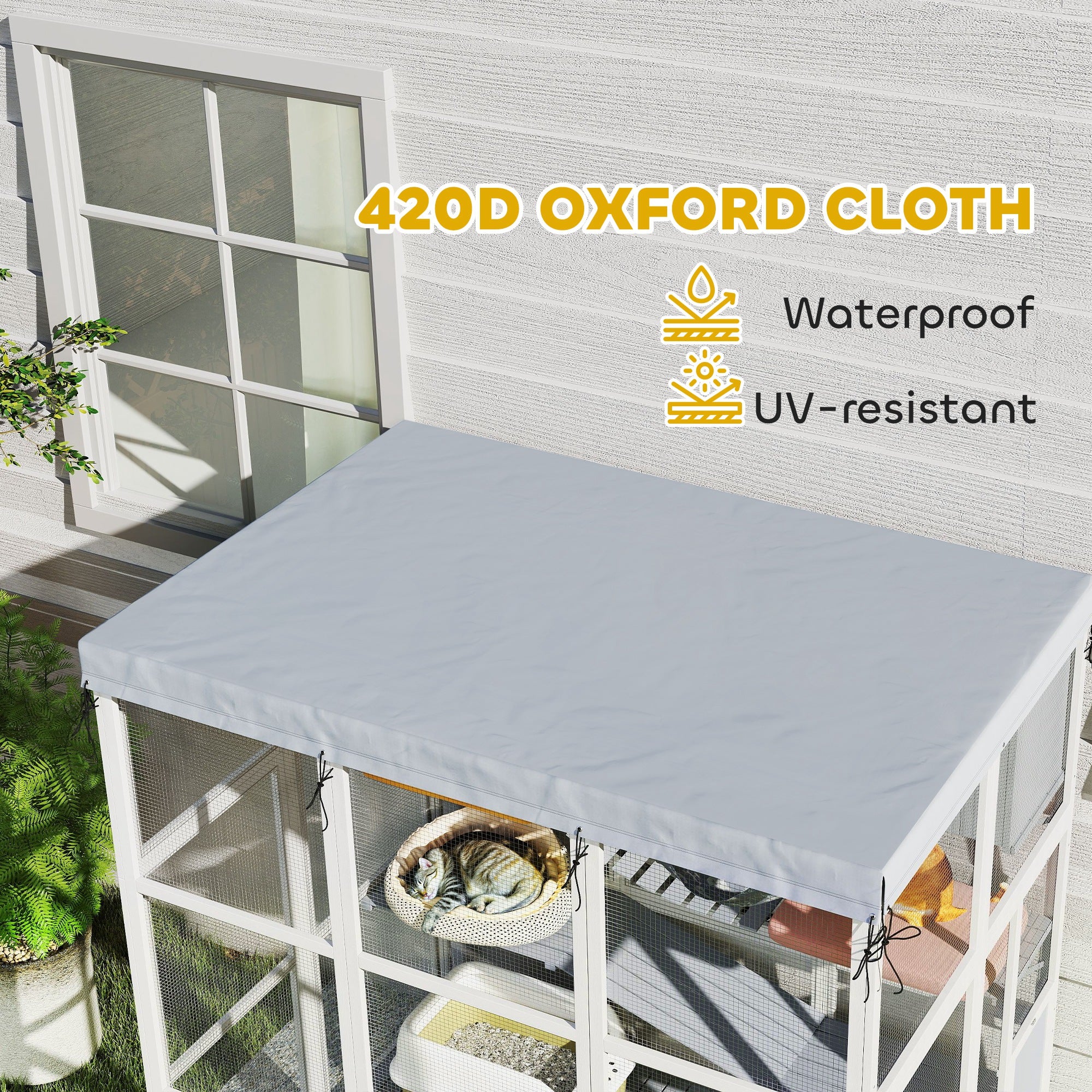 PawHut Catio Outdoor Cat Enclosure, 71" Large Wooden Cat House w/ Weatherproof Tarp, Walk in Kennel Cage with Hammock, Condo, Platforms, Ladders, Ramps, for 2-4 Kittens, Grey