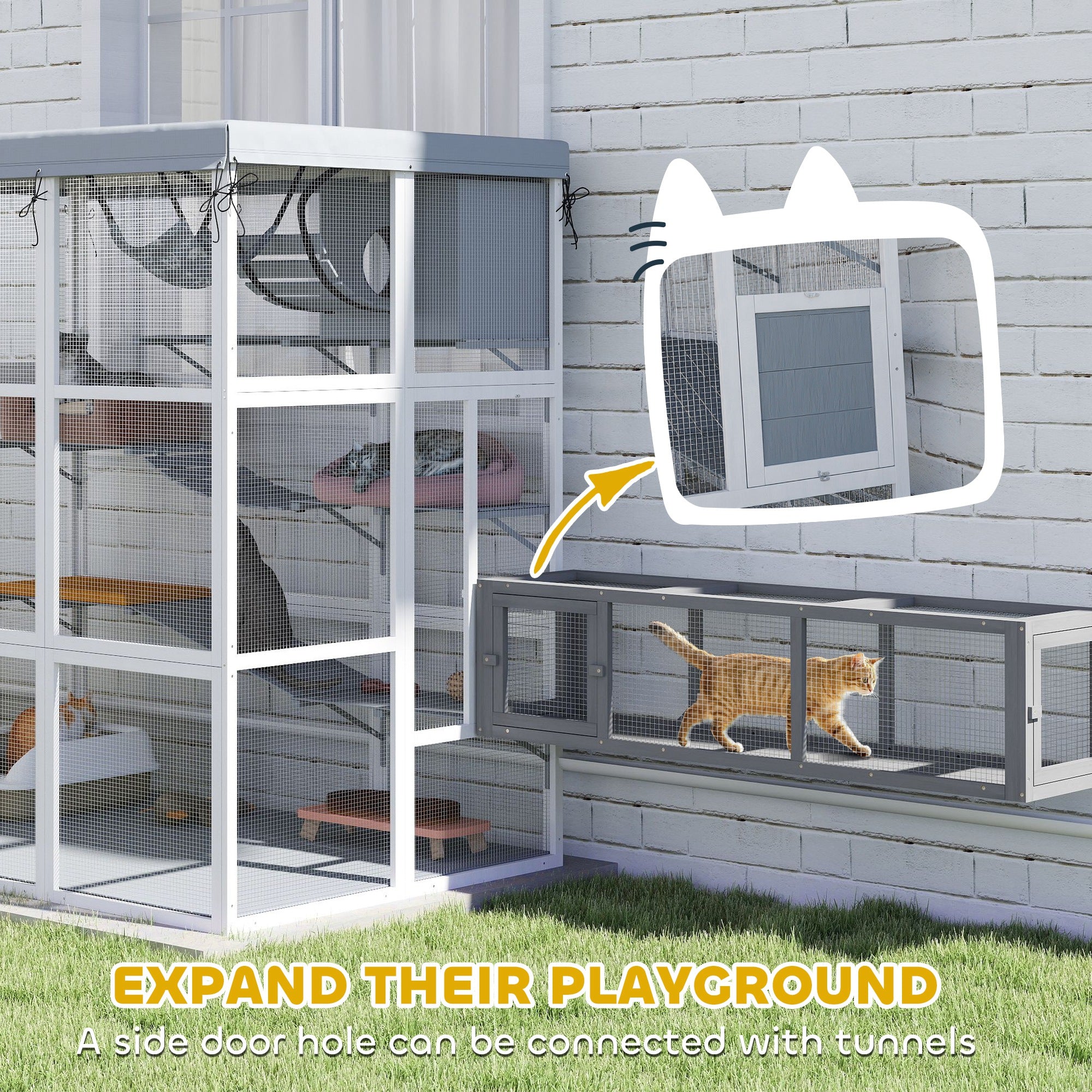PawHut Catio Outdoor Cat Enclosure, 71" Large Wooden Cat House w/ Weatherproof Tarp, Walk in Kennel Cage with Hammock, Condo, Platforms, Ladders, Ramps, for 2-4 Kittens, Grey