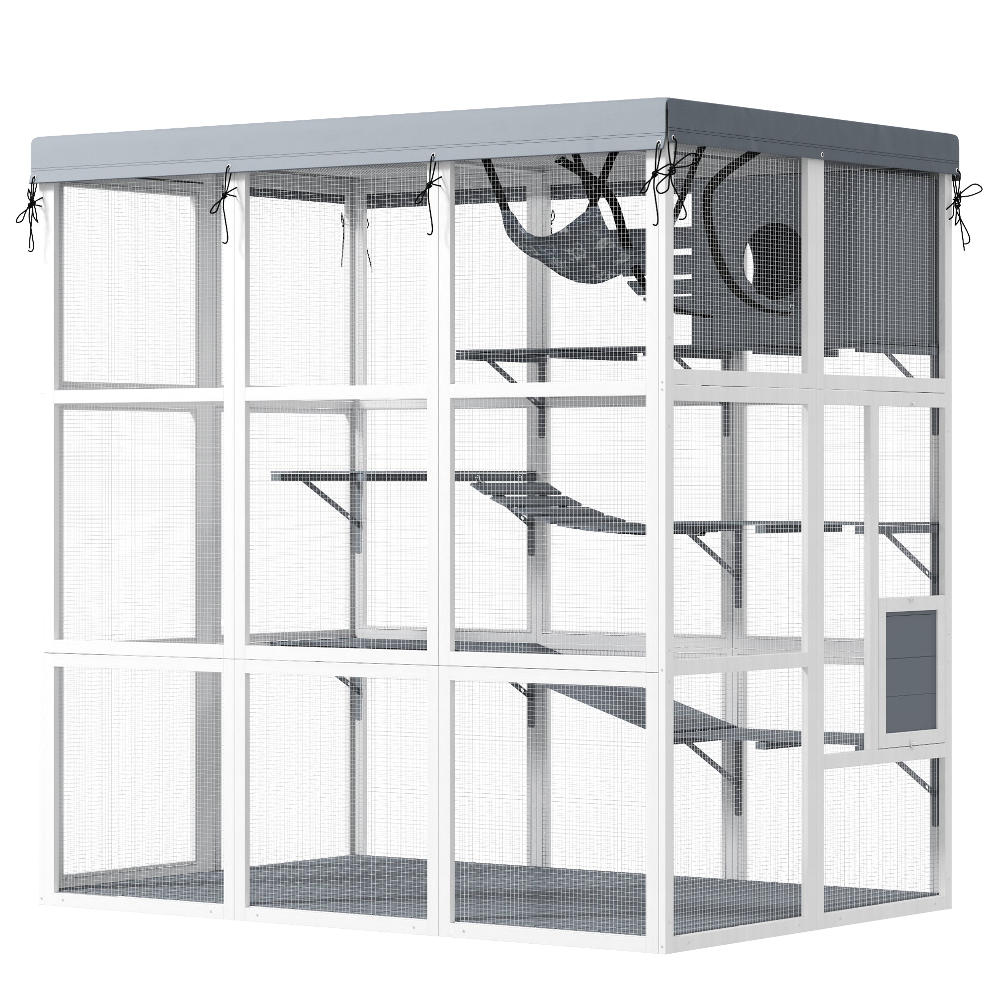PawHut Catio Outdoor Cat Enclosure, 71" Large Wooden Cat House w/ Weatherproof Tarp, Walk in Kennel Cage with Hammock, Condo, Platforms, Ladders, Ramps, for 2-4 Kittens, Grey