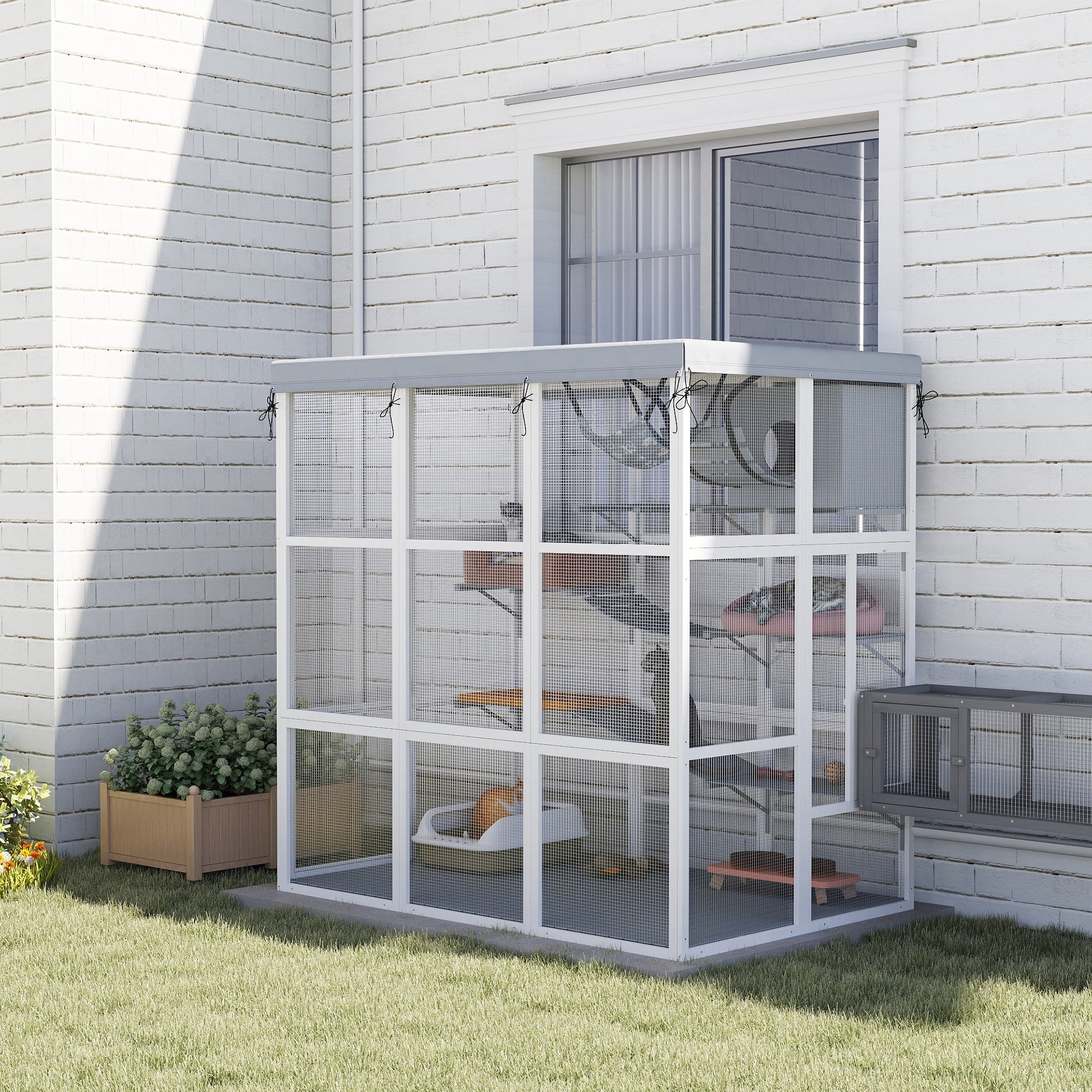 PawHut Catio Outdoor Cat Enclosure, 71" Large Wooden Cat House w/ Weatherproof Tarp, Walk in Kennel Cage with Hammock, Condo, Platforms, Ladders, Ramps, for 2-4 Kittens, Grey