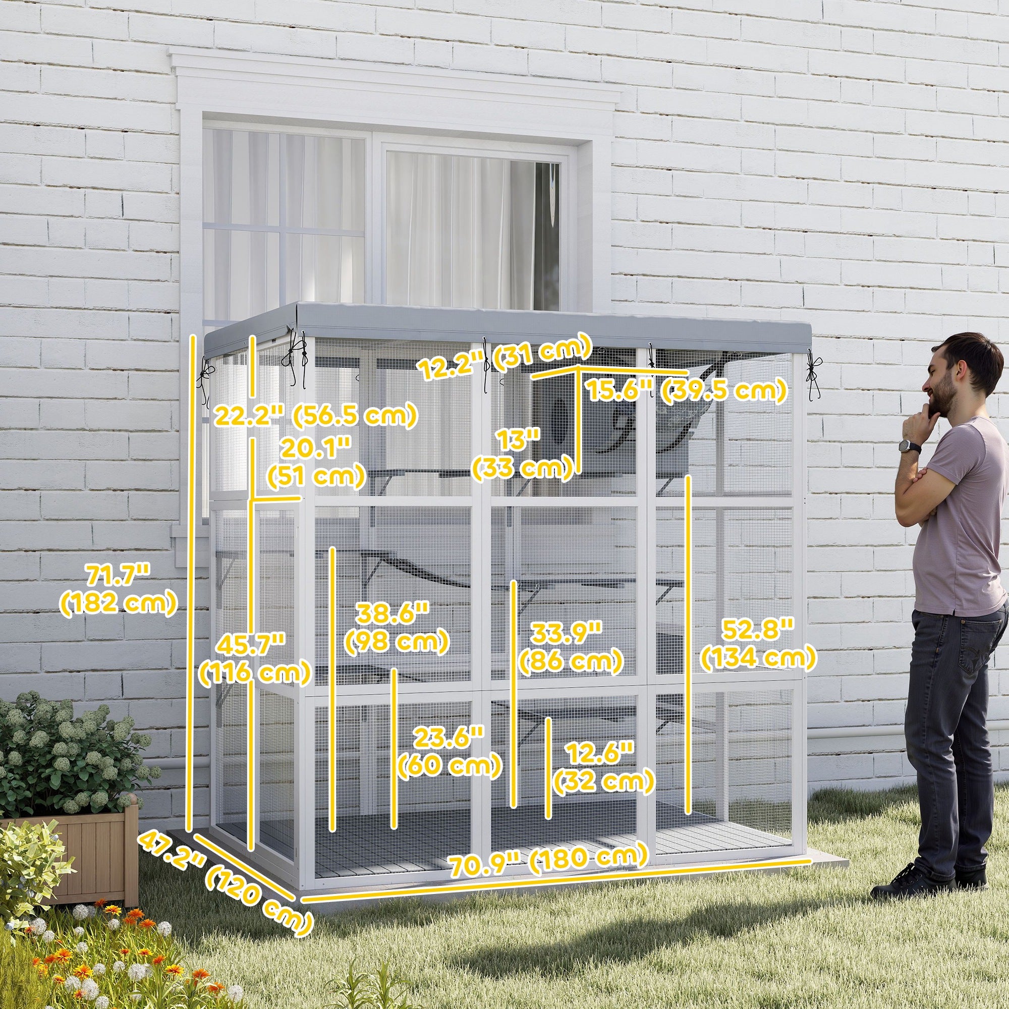 PawHut Catio Outdoor Cat Enclosure, 71" Large Wooden Cat House w/ Weatherproof Tarp, Walk in Kennel Cage with Hammock, Condo, Platforms, Ladders, Ramps, for 2-4 Kittens, Grey
