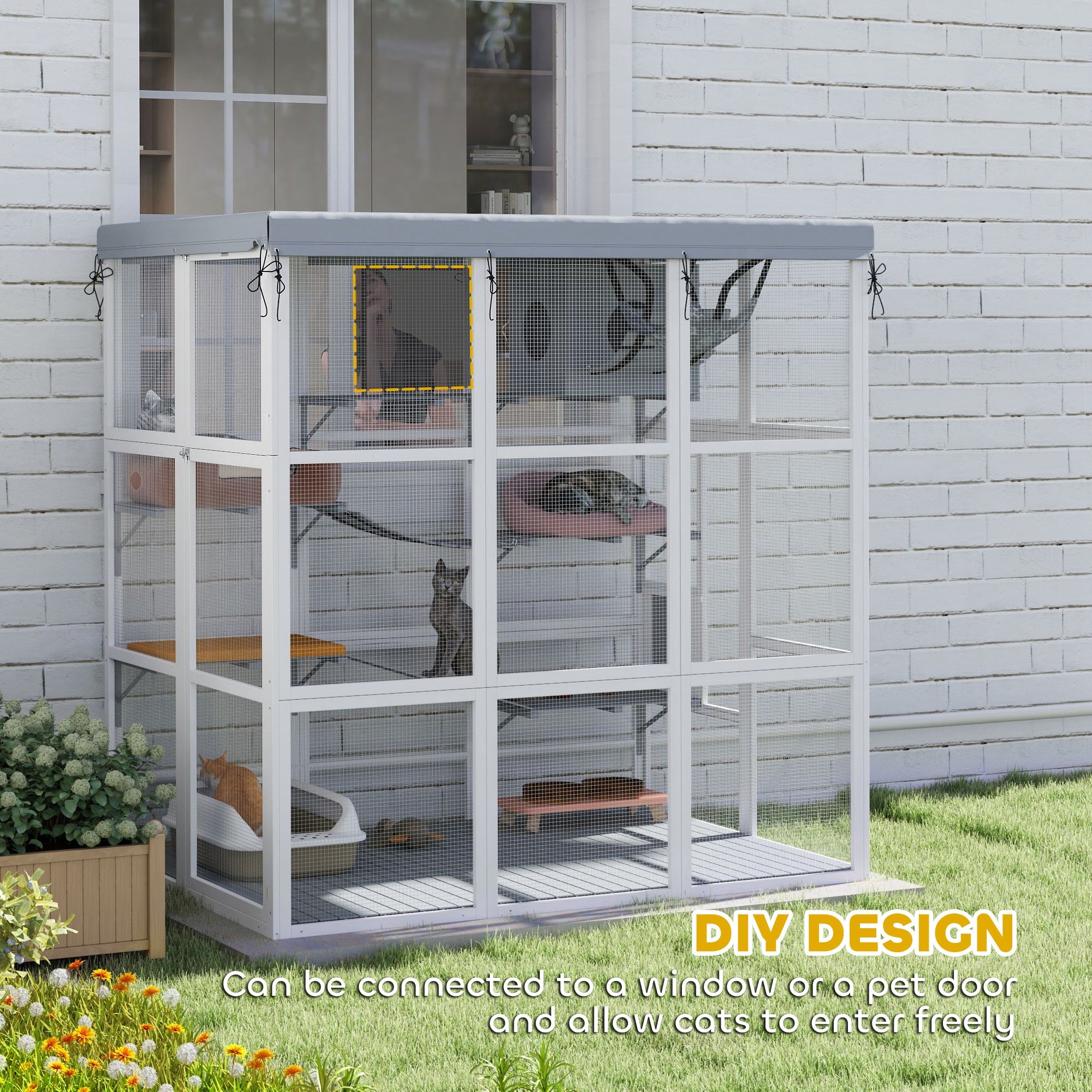 PawHut Catio Outdoor Cat Enclosure, 71" Large Wooden Cat House w/ Weatherproof Tarp, Walk in Kennel Cage with Hammock, Condo, Platforms, Ladders, Ramps, for 2-4 Kittens, Grey